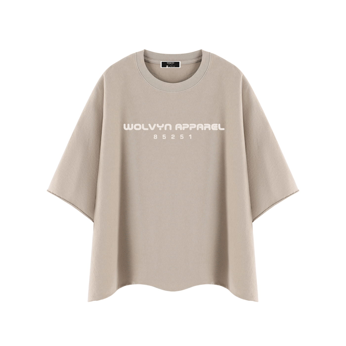 Beige heavyweight boxy t-shirt with raw edge sleeves and bold chest text graphic
