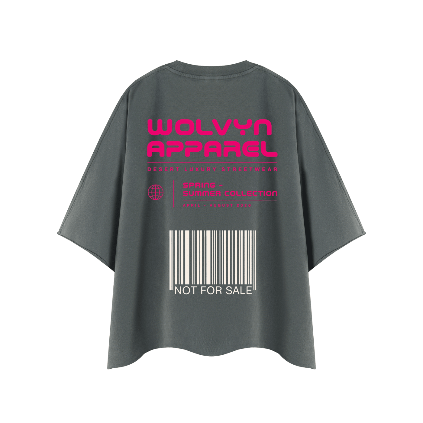 Boxy charcoal gray heavyweight t-shirt with bold pink graphic text and barcode on back