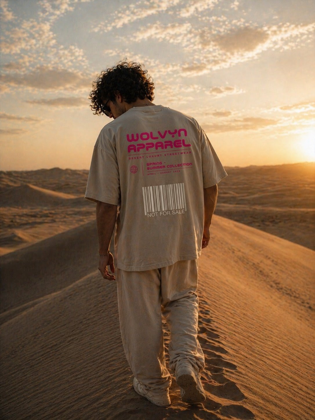 Man wearing boxy beige streetwear t-shirt with bold pink text walking in sunlit desert dunes
