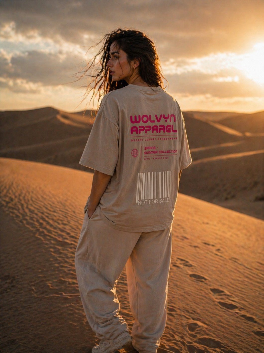 Model in beige heavyweight streetwear T-shirt and pants, standing in desert at sunset