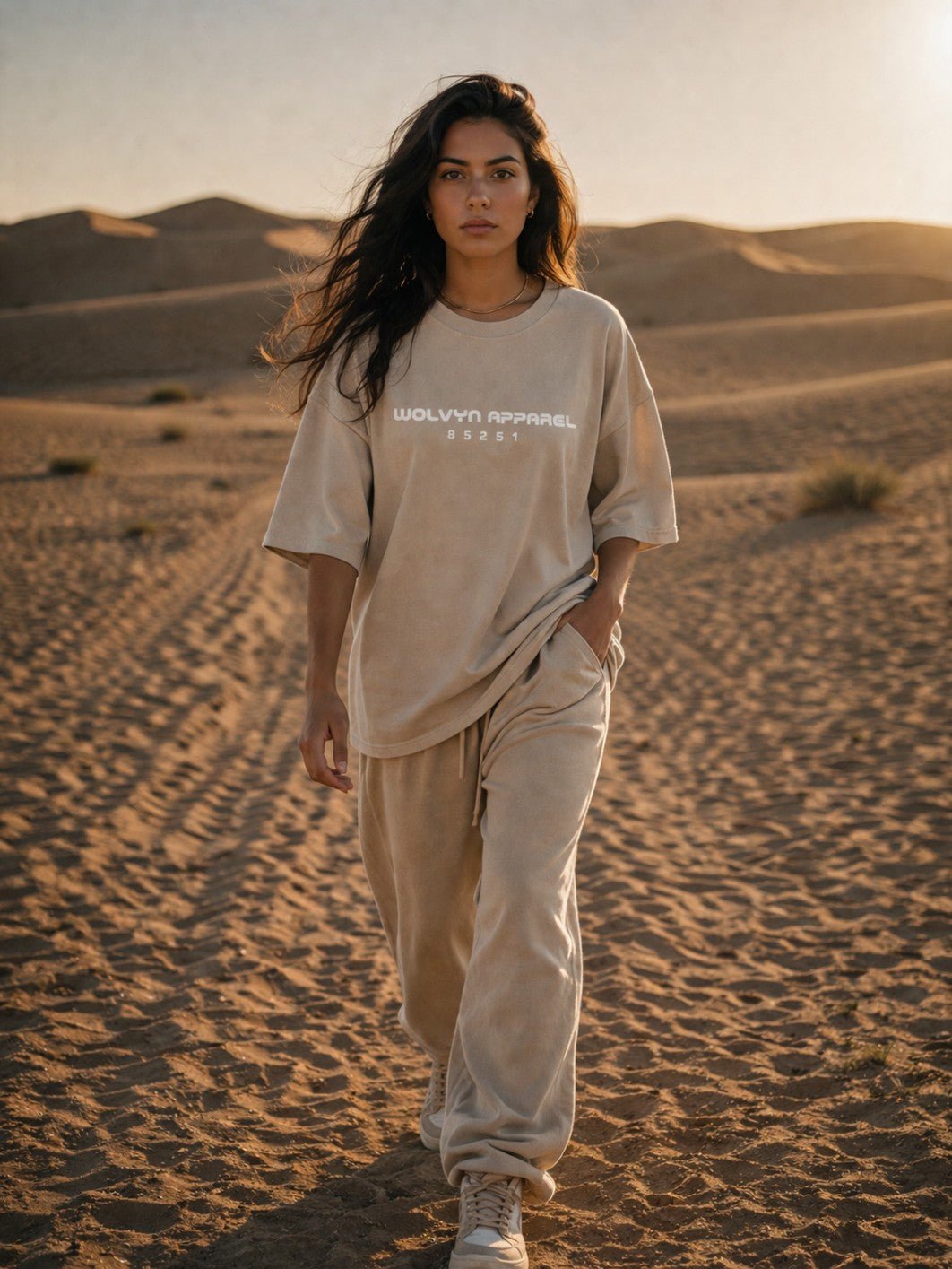 Woman wearing beige heavyweight boxy t-shirt and joggers in a desert landscape at sunset.
