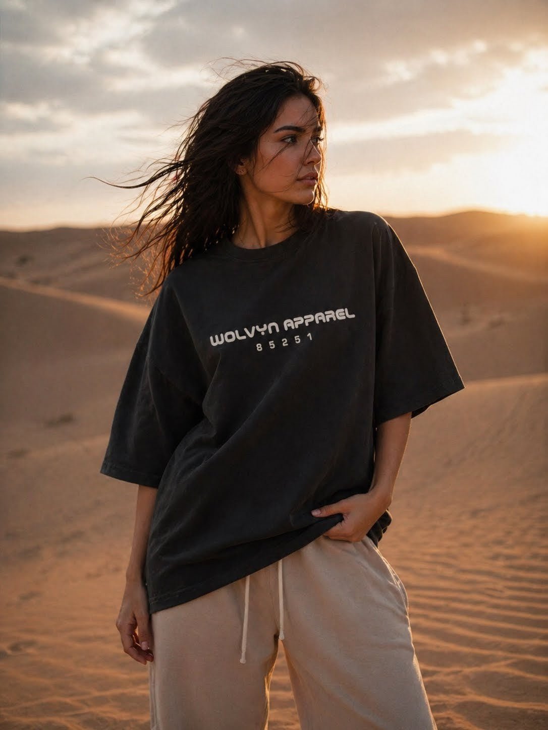 Woman in oversized black heavyweight boxy t-shirt with bold text, standing in desert at sunset