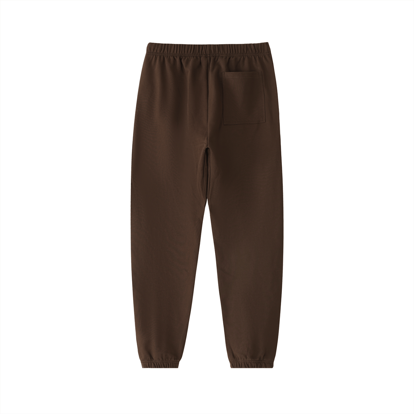 Brown heavyweight cotton sweatpants with elastic waistband and back pocket, rear view