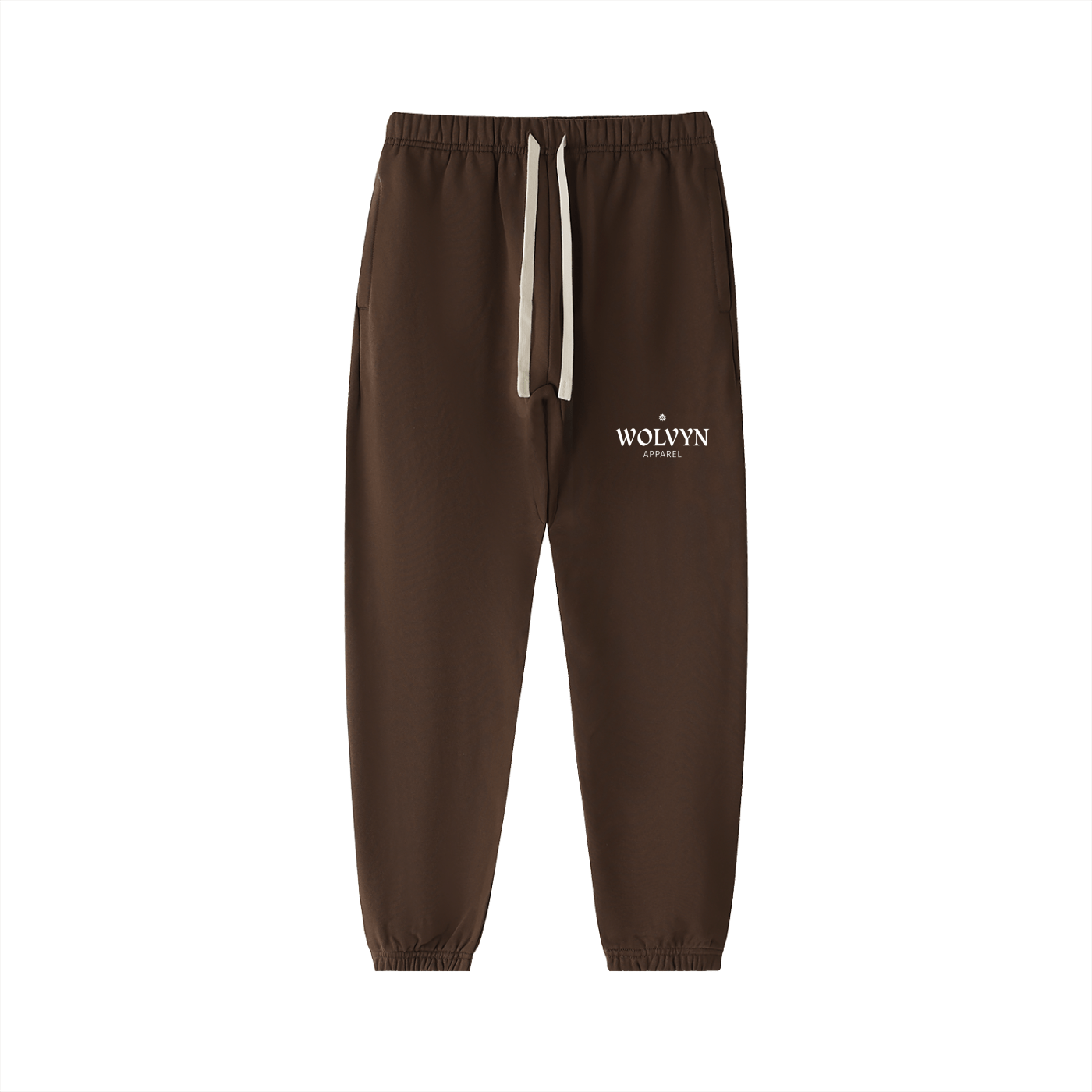 Brown heavyweight cotton sweatpants with white drawstring and logo on front