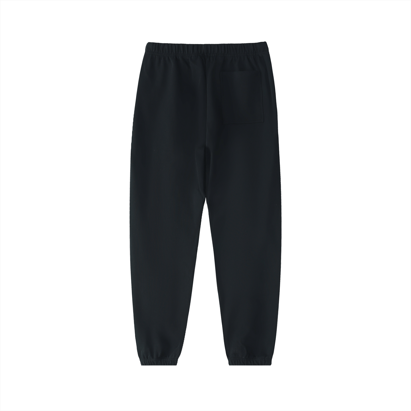 Back view of black heavyweight cotton sweatpants with elastic waistband and single back pocket