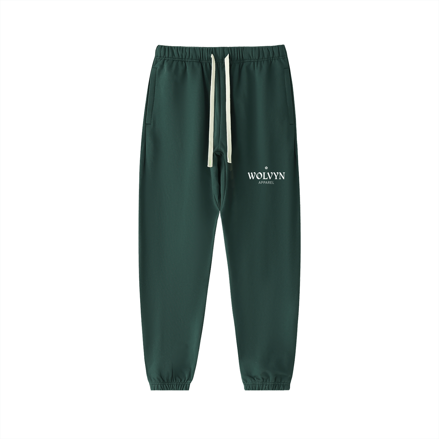 Dark green heavyweight cotton sweatpants with elastic cuffs, drawstring waist, and front logo print