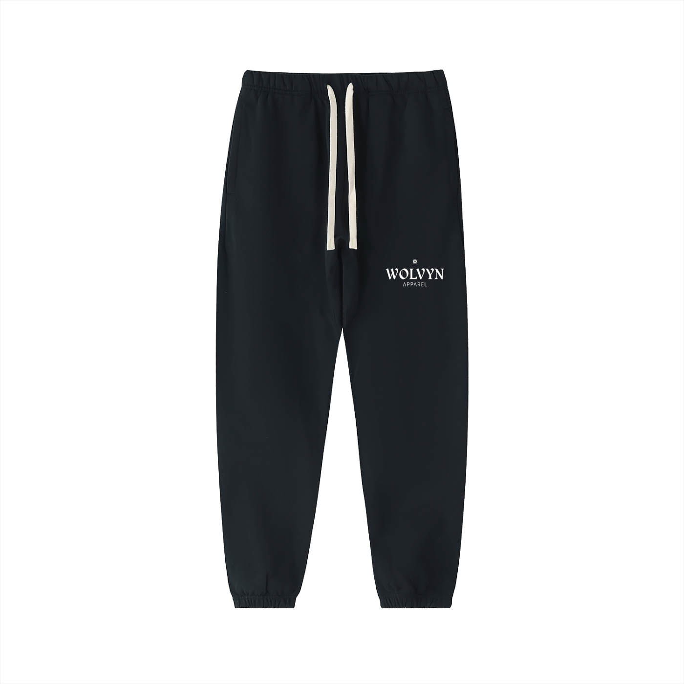 Black heavyweight cotton sweatpants with white drawstring and front logo print