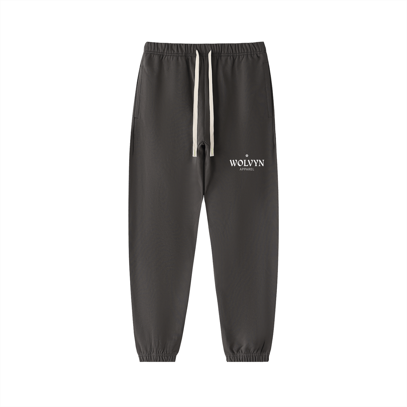 Heavyweight cotton sweatpants in charcoal grey with elastic cuffs and white drawstring