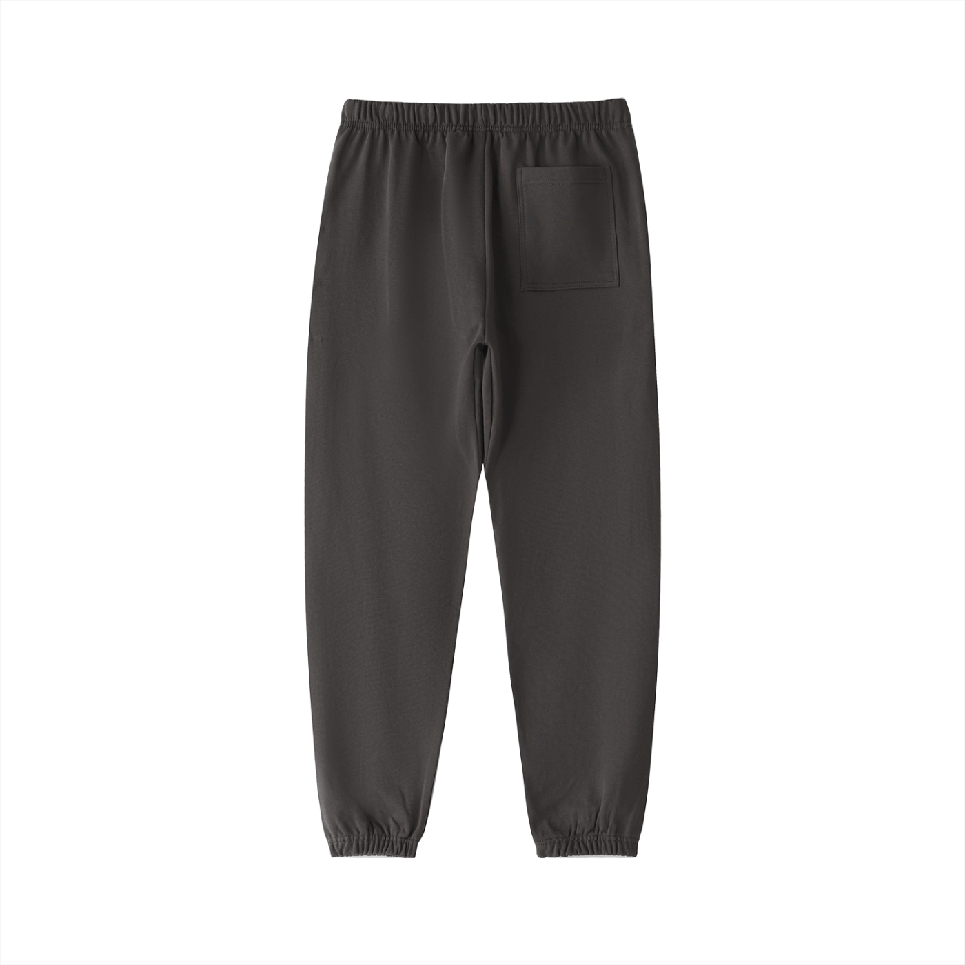 Back view of dark grey heavyweight cotton sweatpants with elastic waistband and pocket