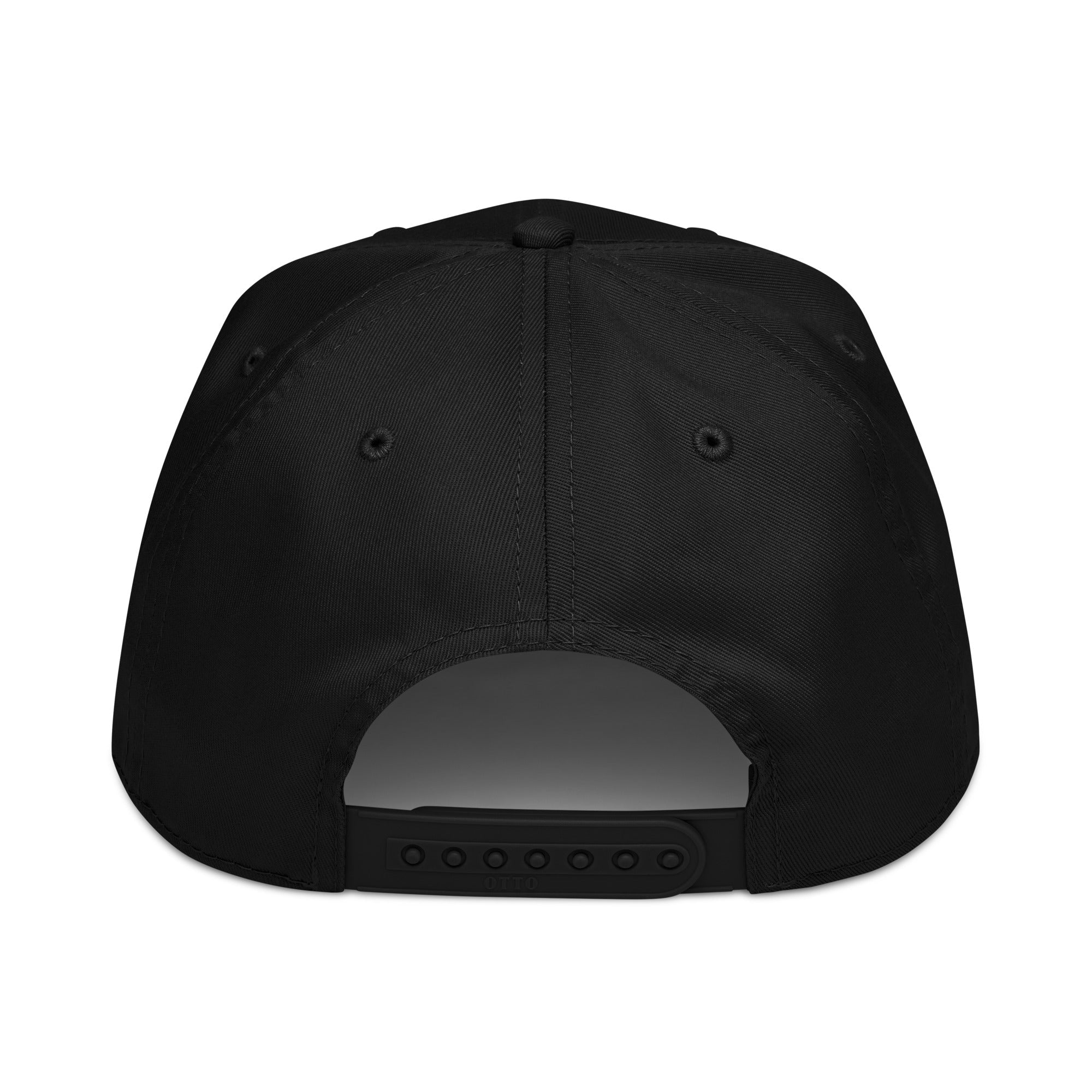 Back view of black 5-panel cap with adjustable snapback closure and stitched eyelets