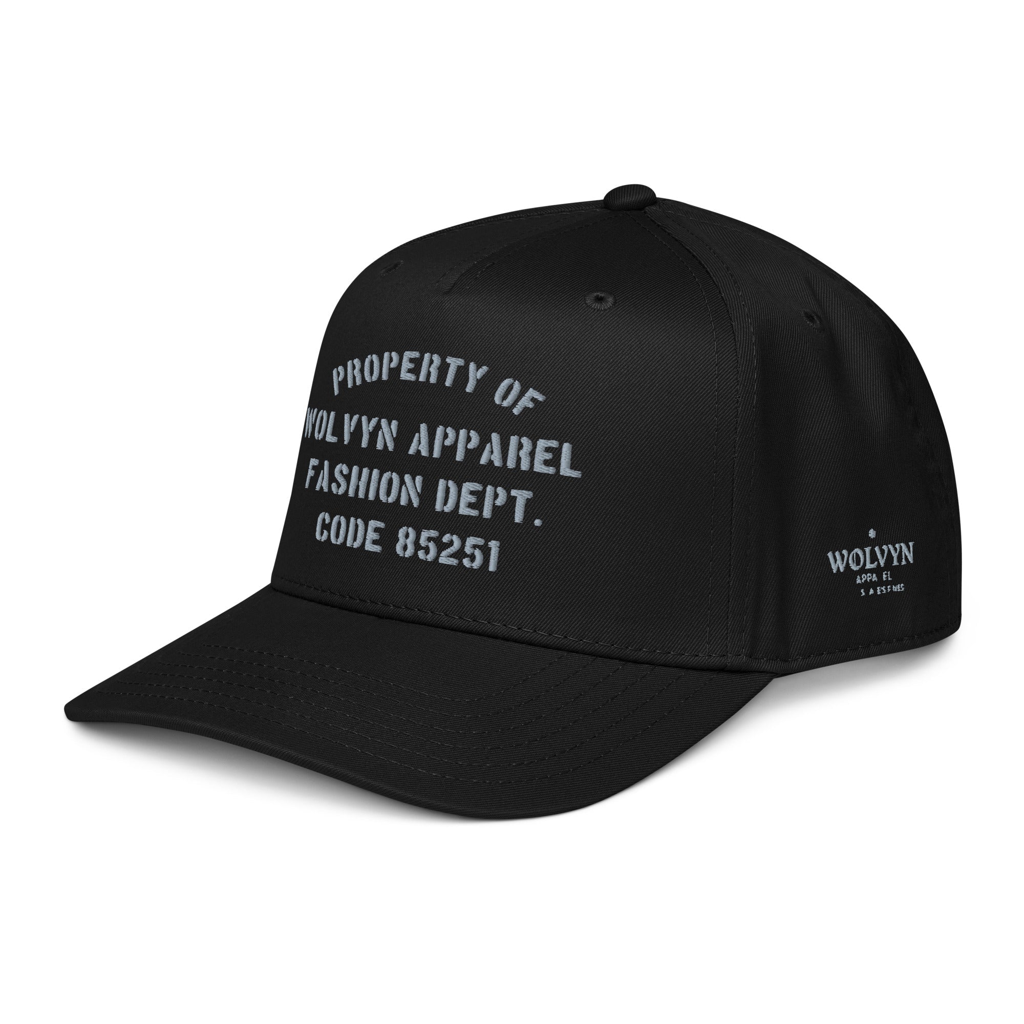 Black 5-panel cap with white embroidered text and structured streetwear style