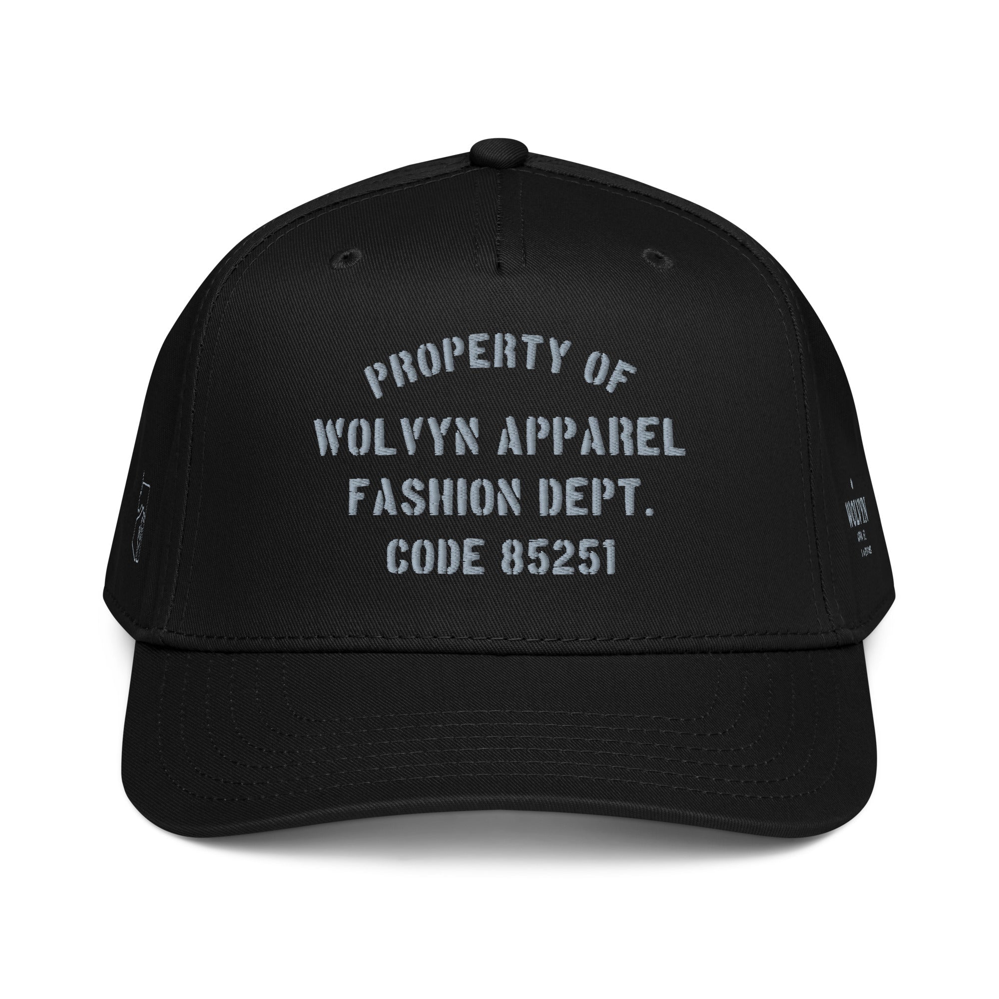 Black 5-panel cap with embroidered text 'Wolvyn Apparel Fashion Dept. Code 85251' on front