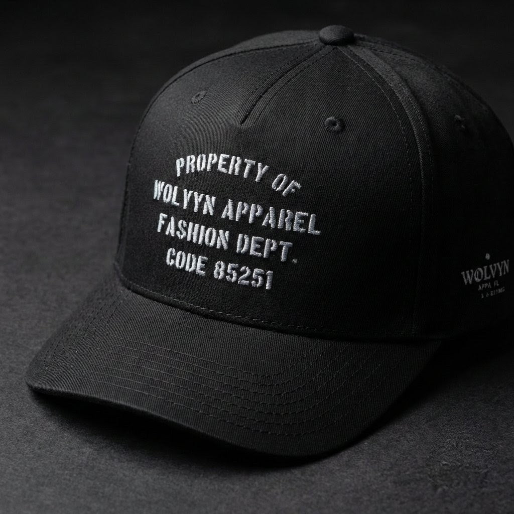 Black 5-panel cap with bold white embroidery text on front and side, displayed on dark background