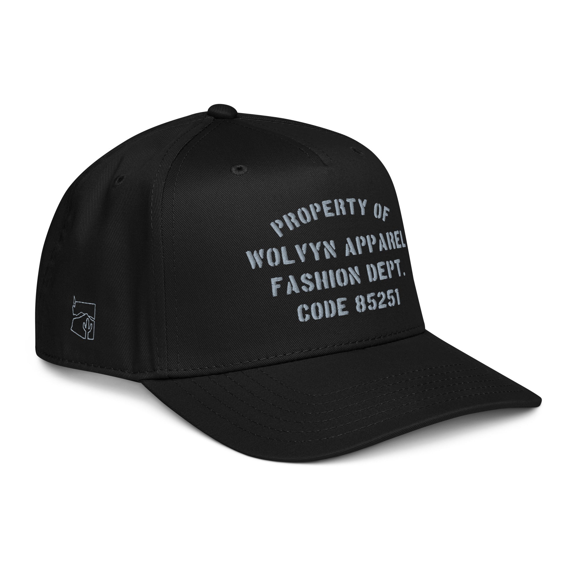 Black 5-panel cap with white embroidered text and side logo, streetwear accessory