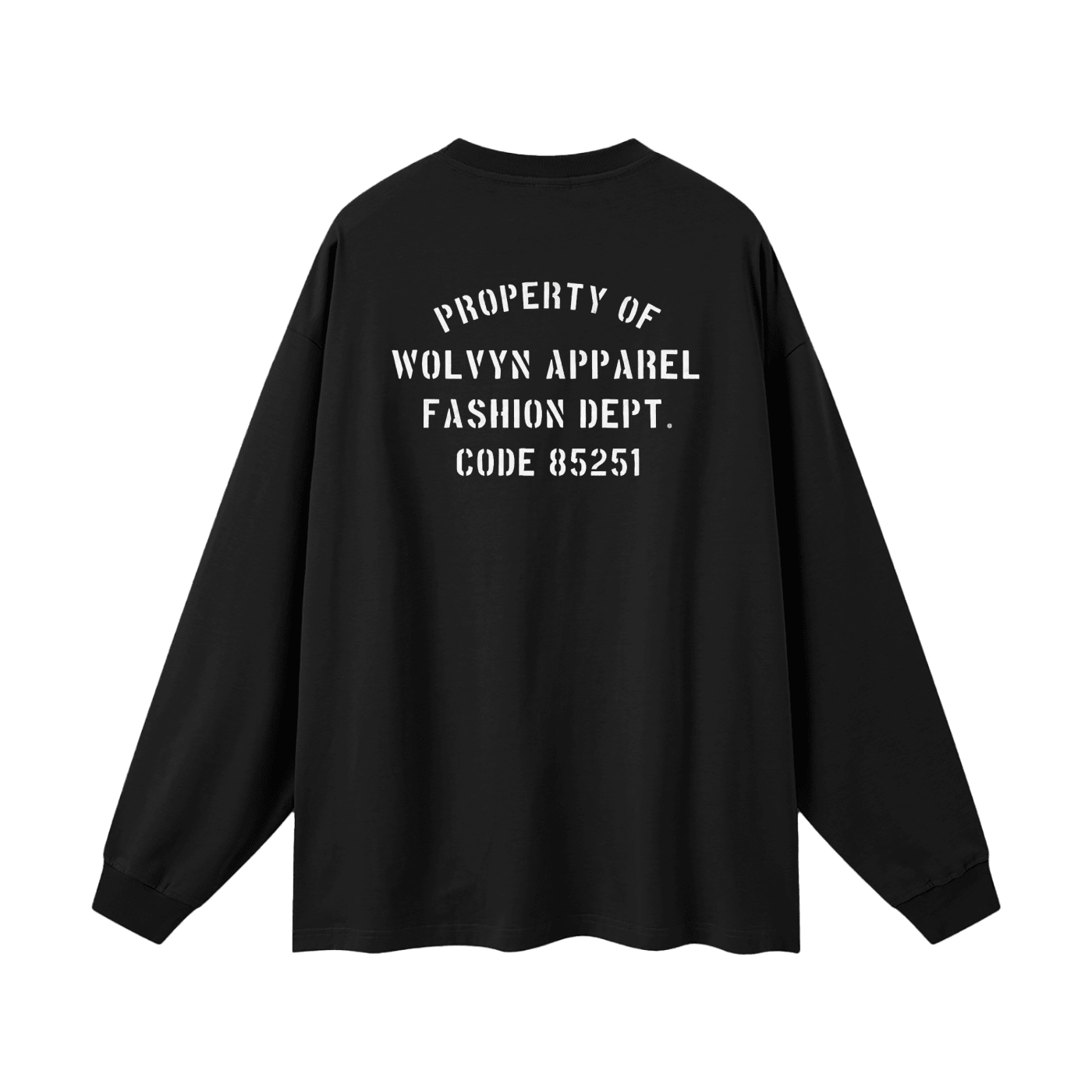 Black oversized unisex long sleeve T-shirt with bold stencil text on the back
