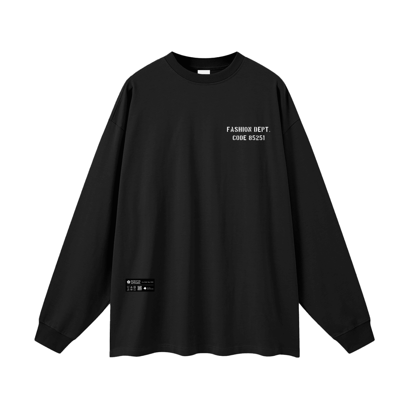 Black oversized unisex long sleeve t-shirt with white text, streetwear design.