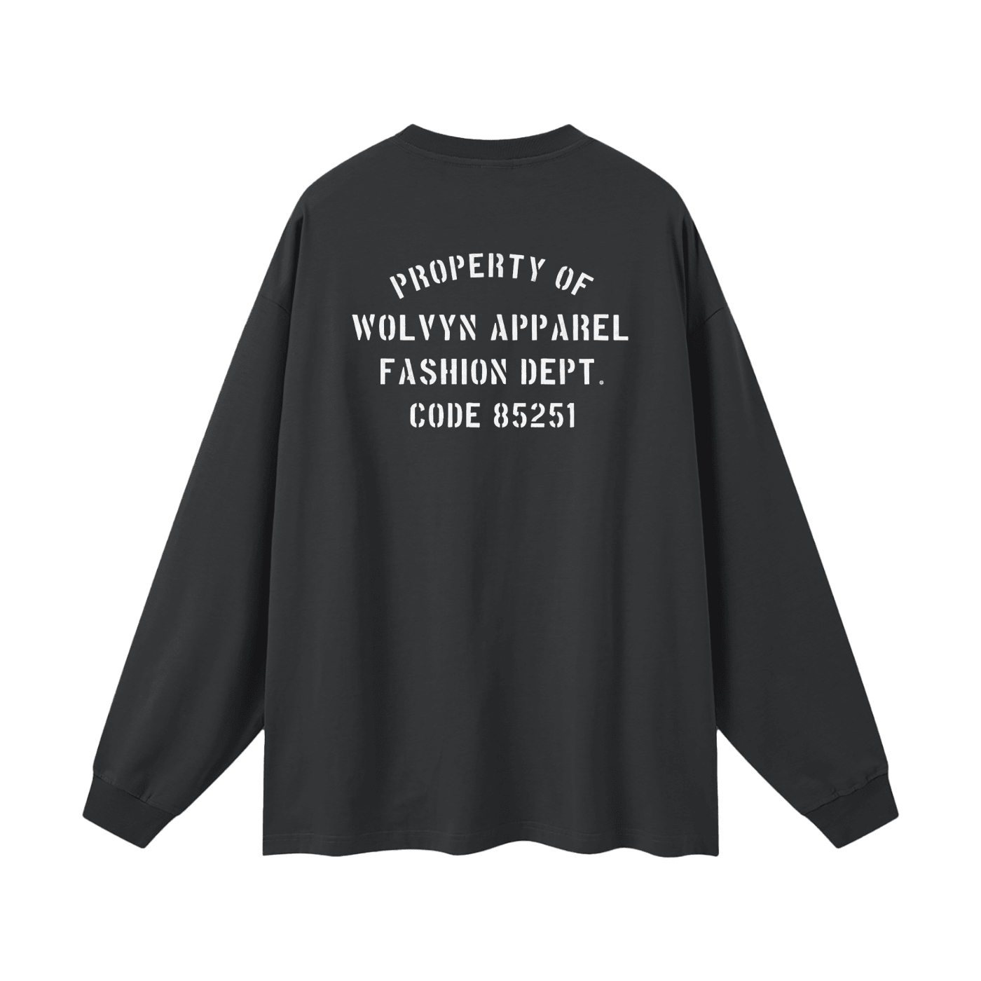 Oversized black unisex long sleeve T-shirt with white stencil back text and cuffed sleeves