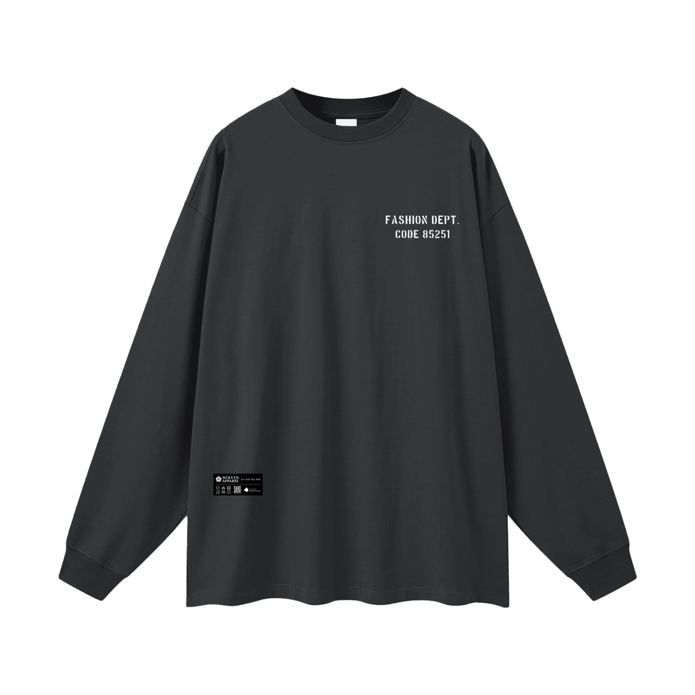 Oversized unisex black long sleeve t-shirt with white text and subtle streetwear details