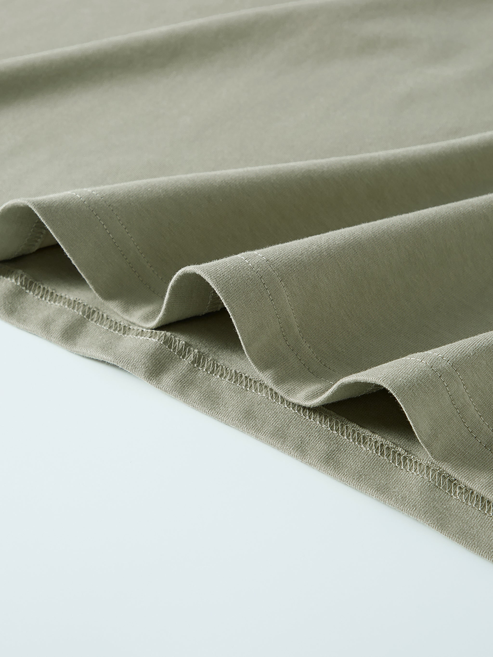 Close-up of heavyweight olive green oversized long sleeve t-shirt fabric detail