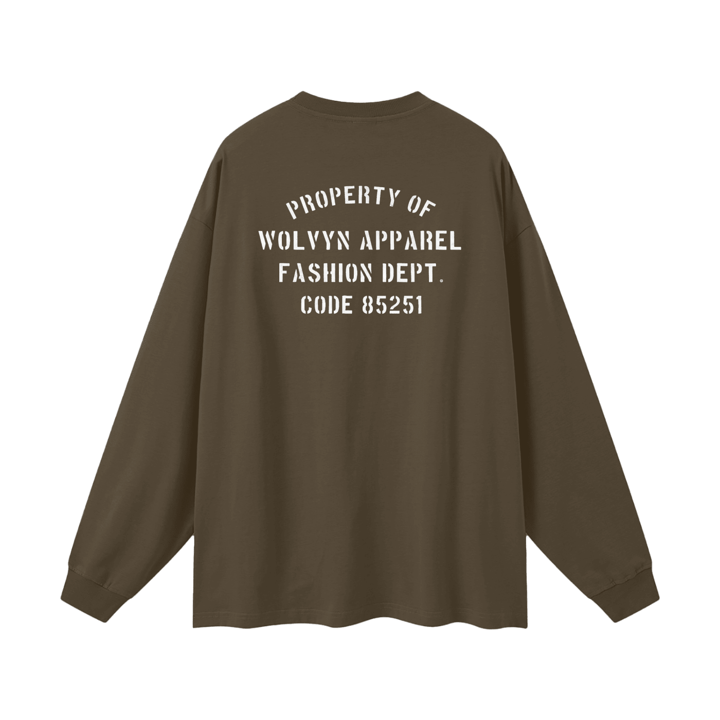 Oversized unisex long sleeve t-shirt in brown with bold white fashion department text on back