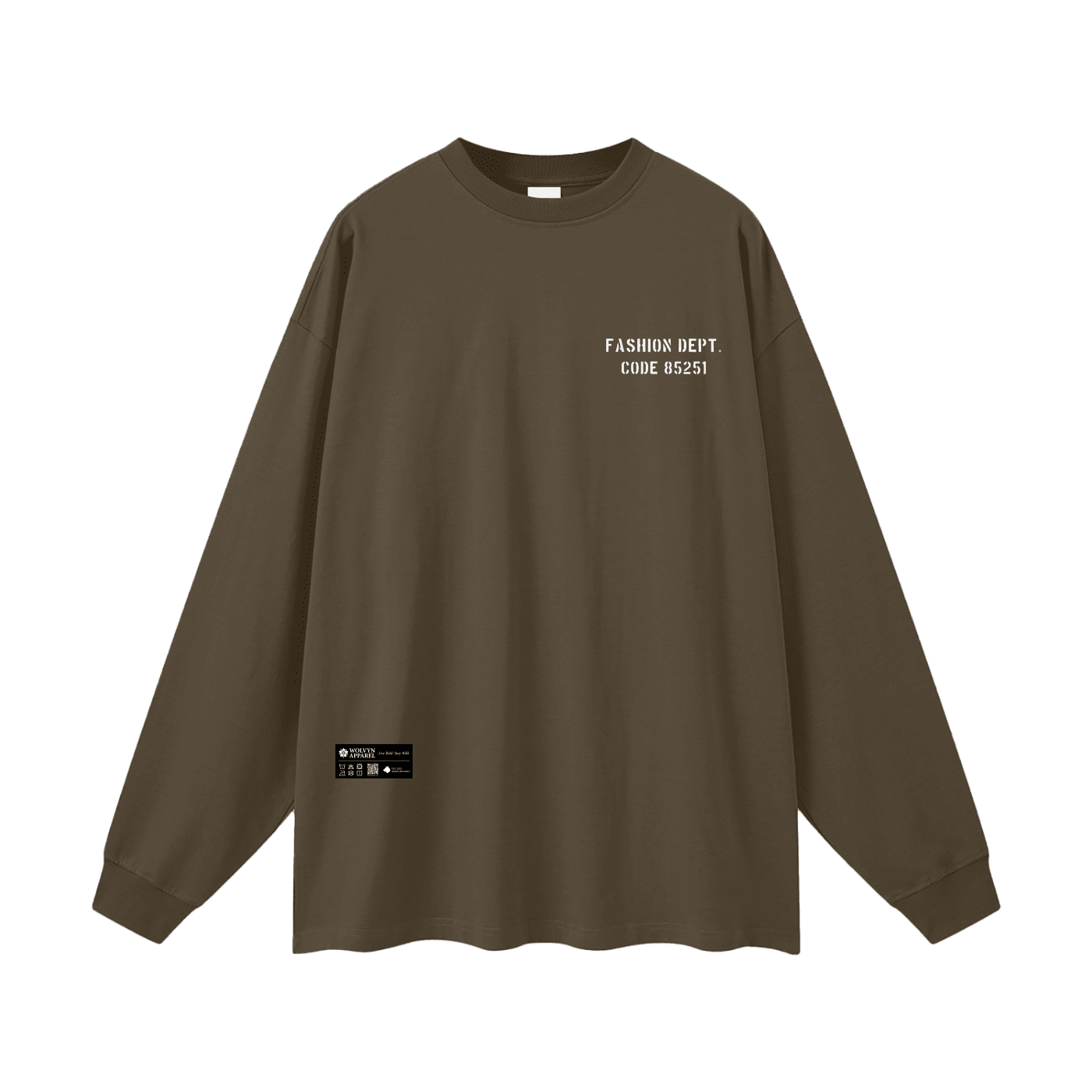 Oversized unisex khaki long sleeve t-shirt with minimalist text graphic and chest print.