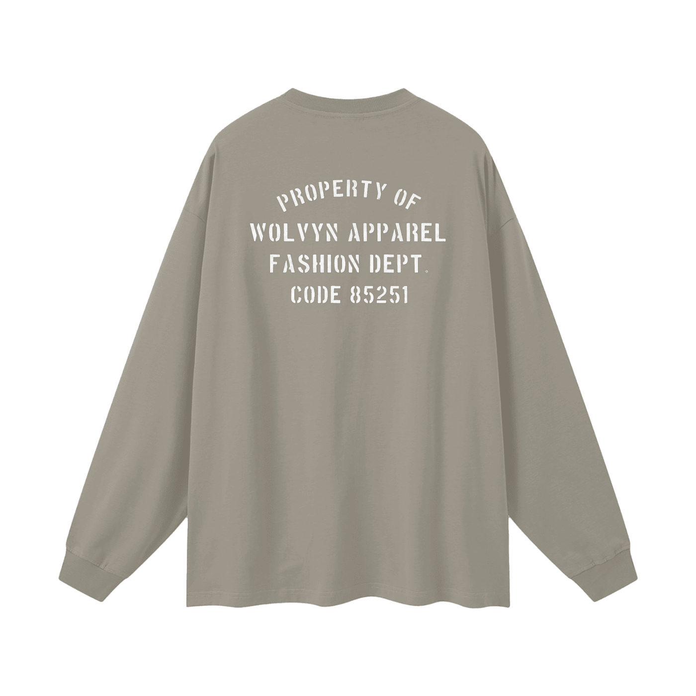 Oversized unisex long sleeve beige t-shirt with bold white stenciled back print text