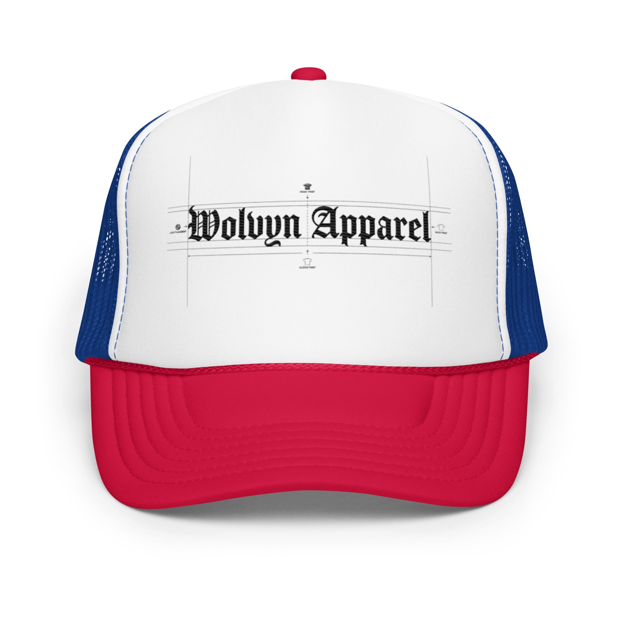 Foam trucker hat with blue mesh sides, red bill, and gothic script text on the front panel.