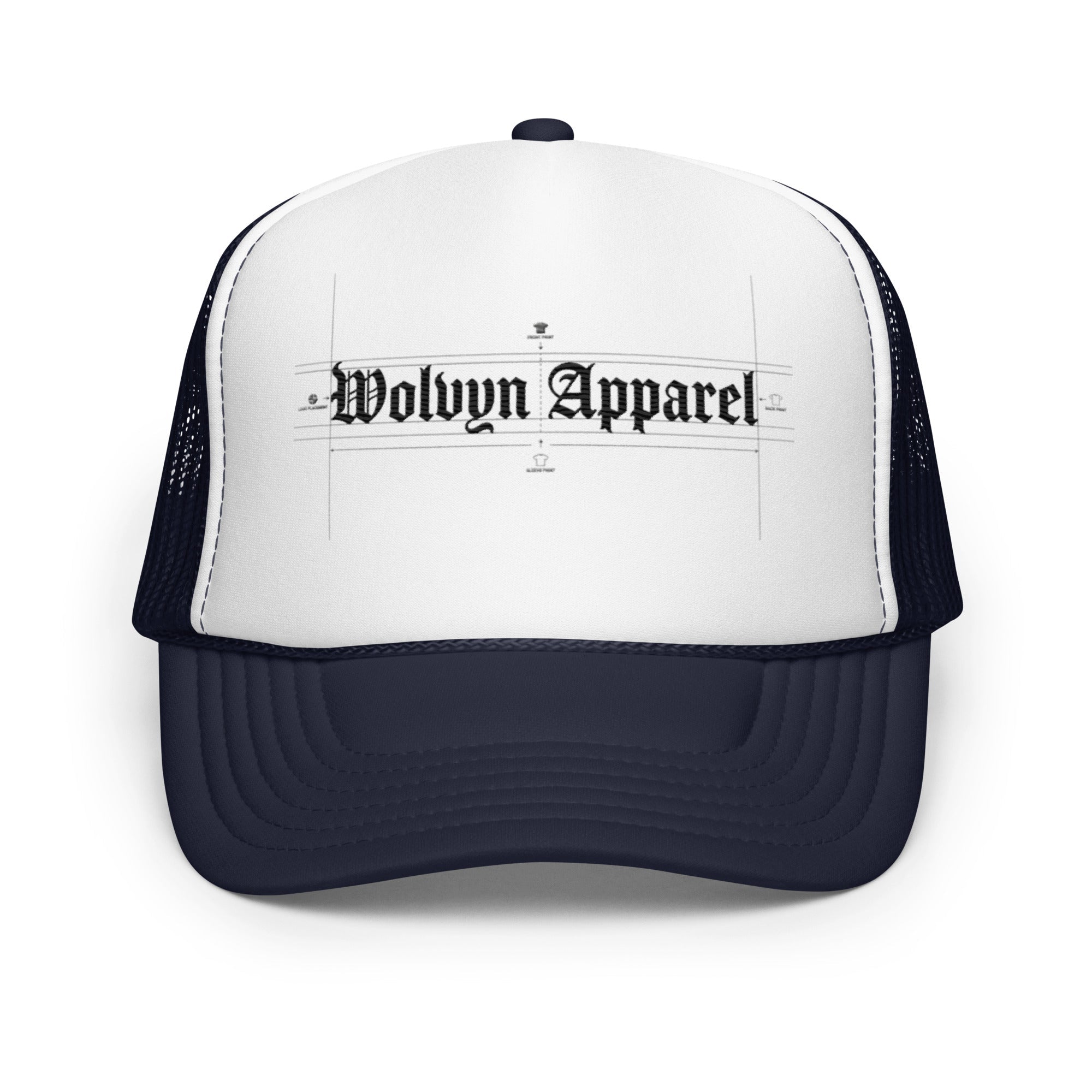 Black and white foam trucker hat with gothic "Wolvyn Apparel" text on front panel
