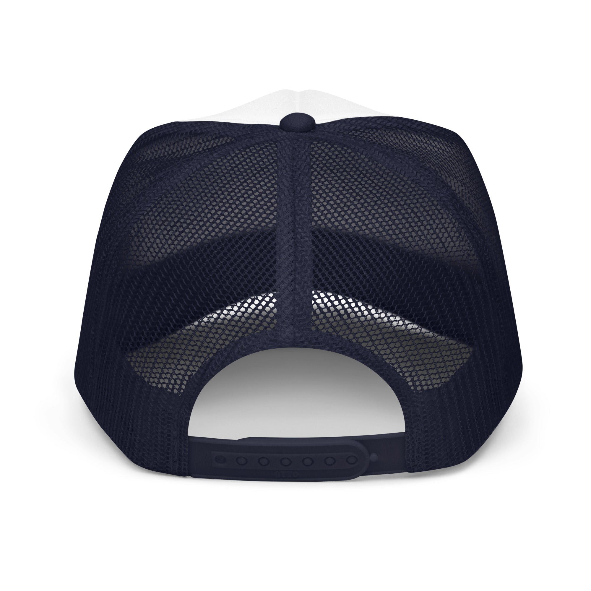 Back view of a navy mesh foam trucker hat with adjustable snapback closure