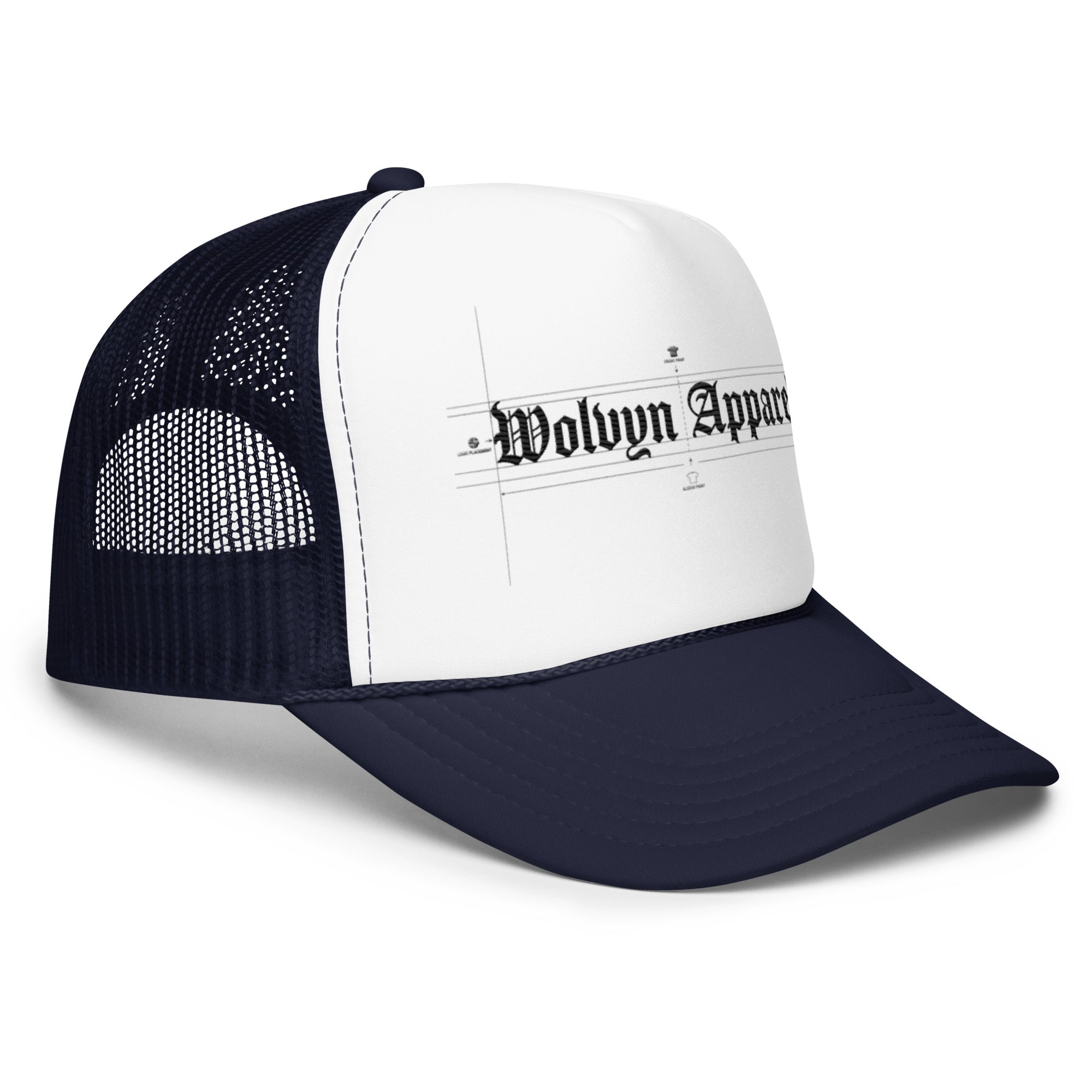White and black foam trucker hat with mesh back and gothic script logo on front panel