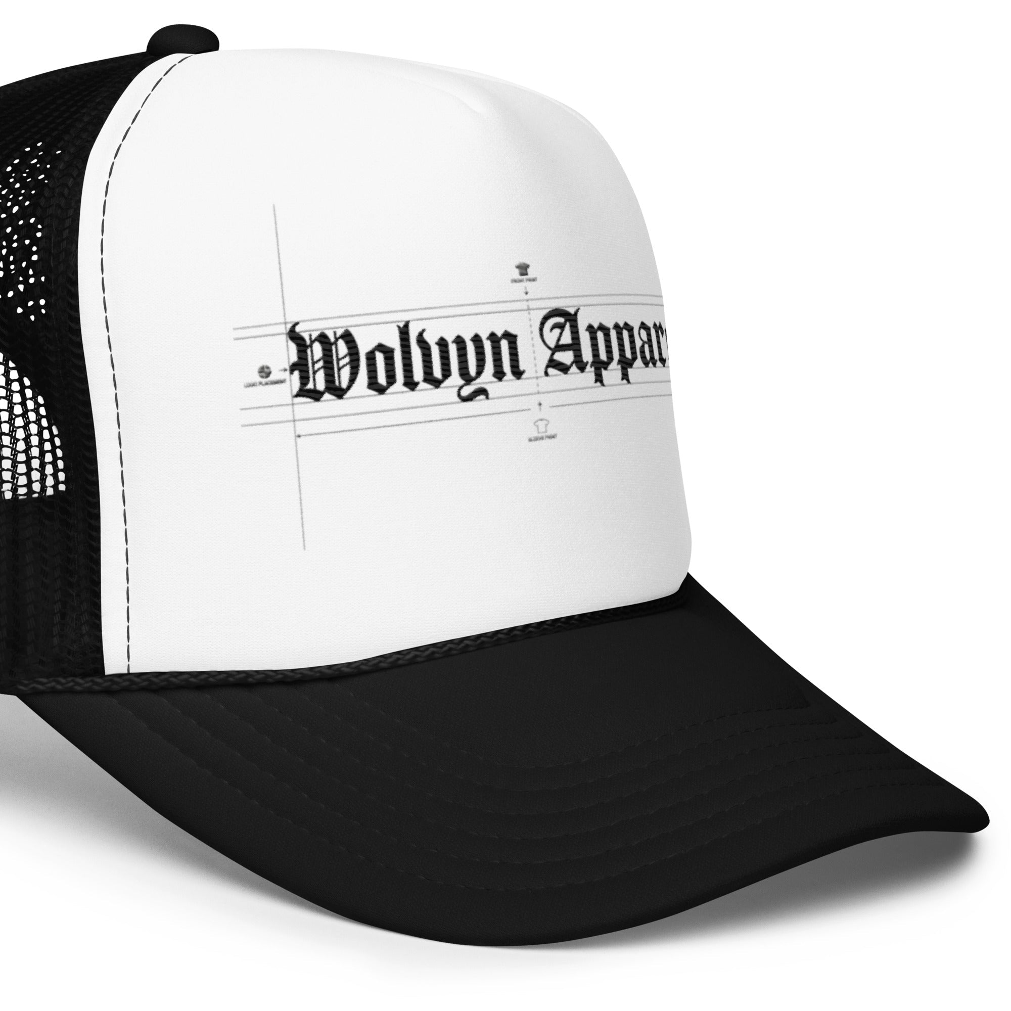 Black and white foam trucker hat with gothic script and mesh back panel