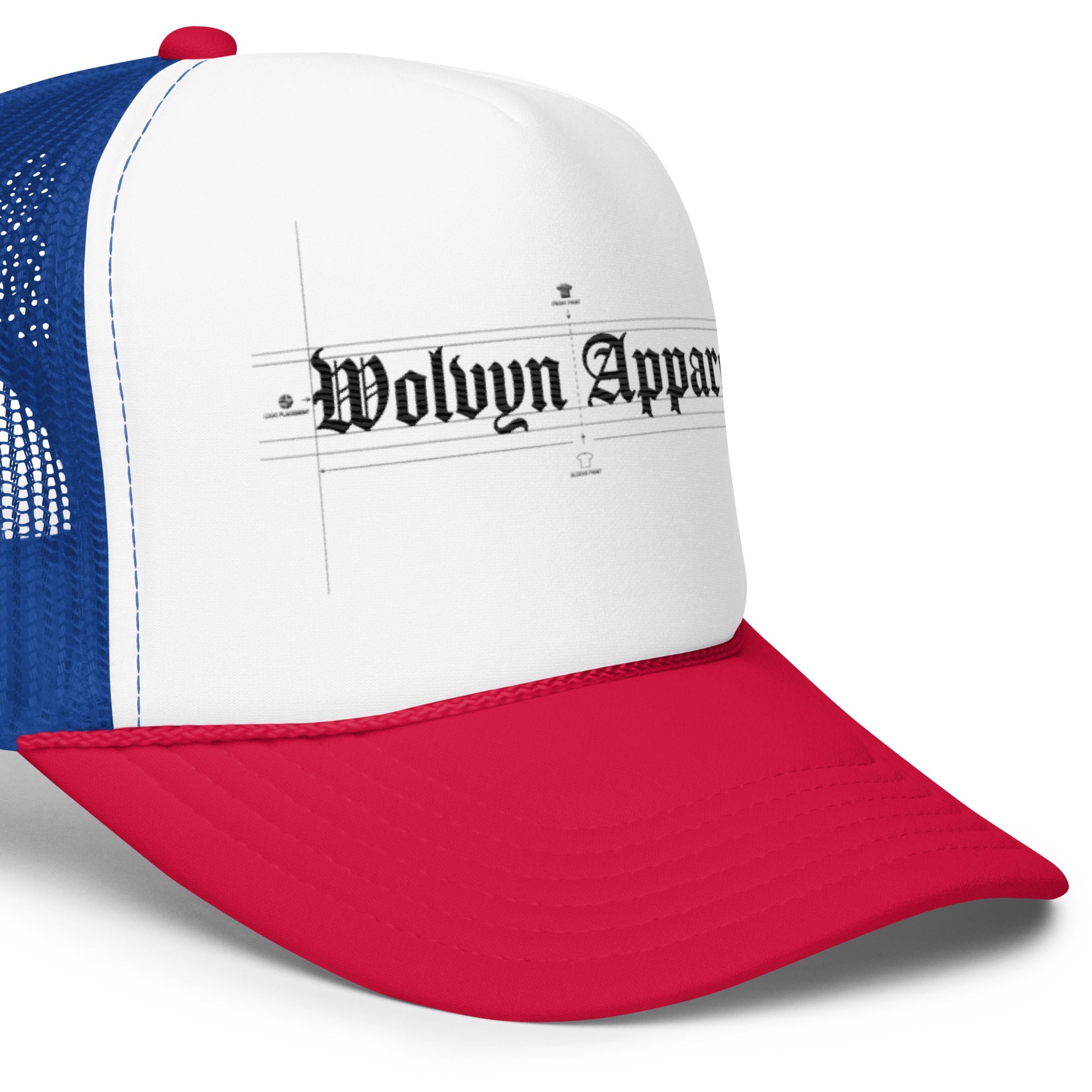 Foam trucker hat with red brim, blue mesh, and black gothic logo text on white front panel.