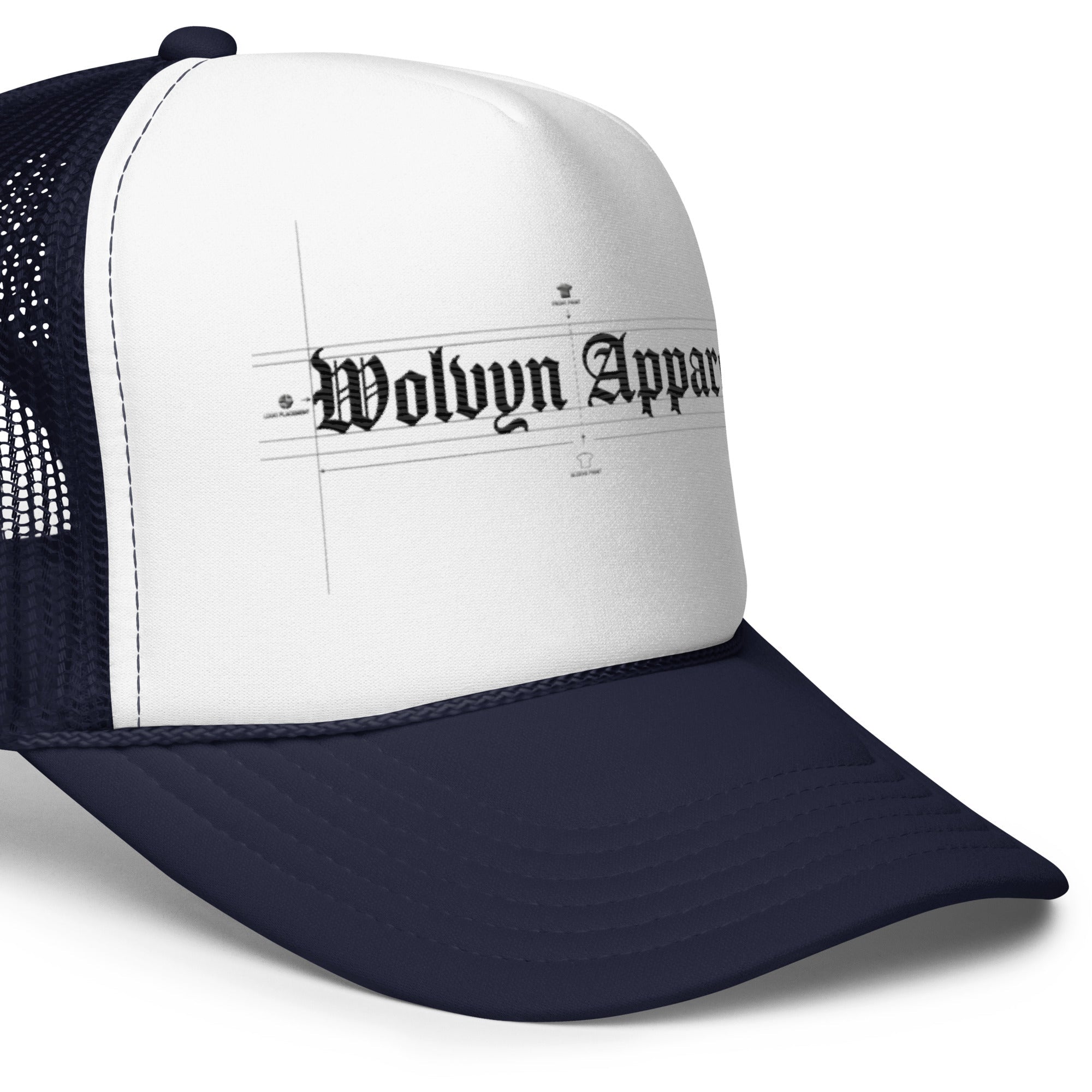 Black and white foam trucker hat with mesh back and Wolvyn Apparel logo on front panel