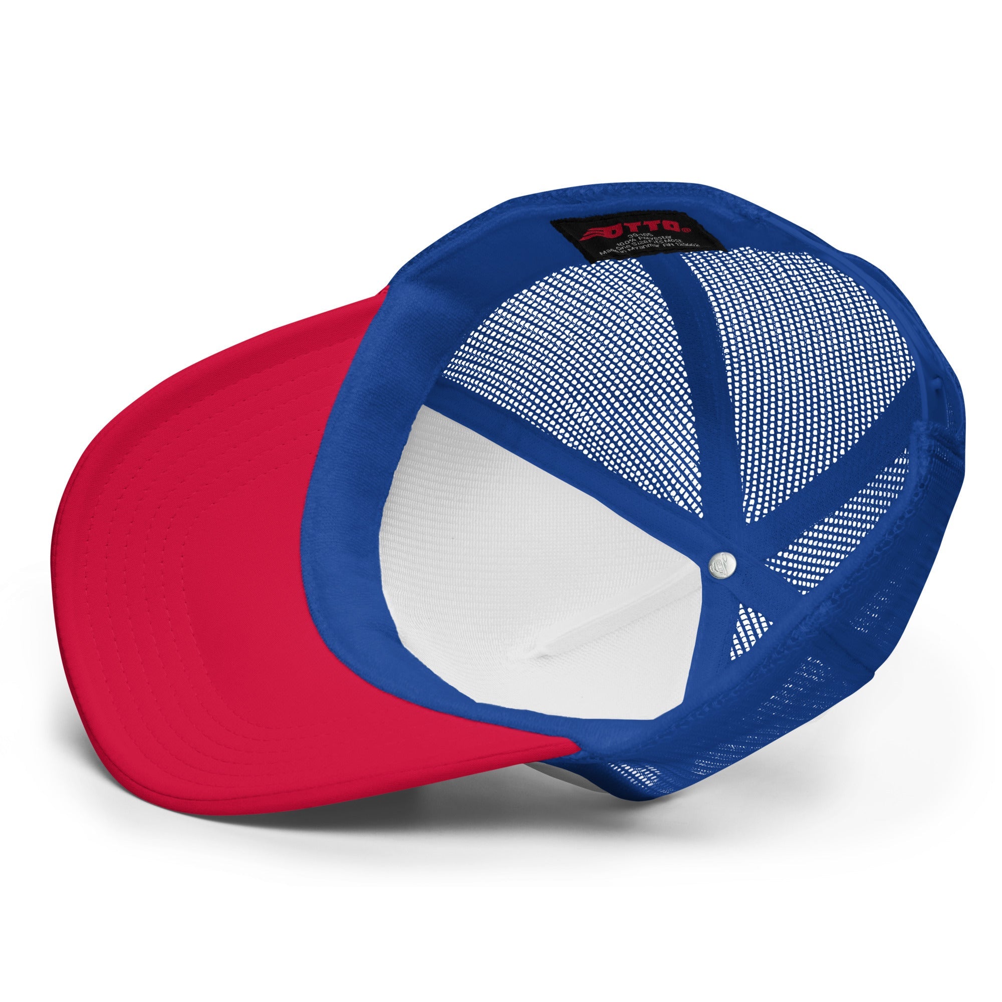 Inside view of foam trucker hat with red bill and blue mesh back
