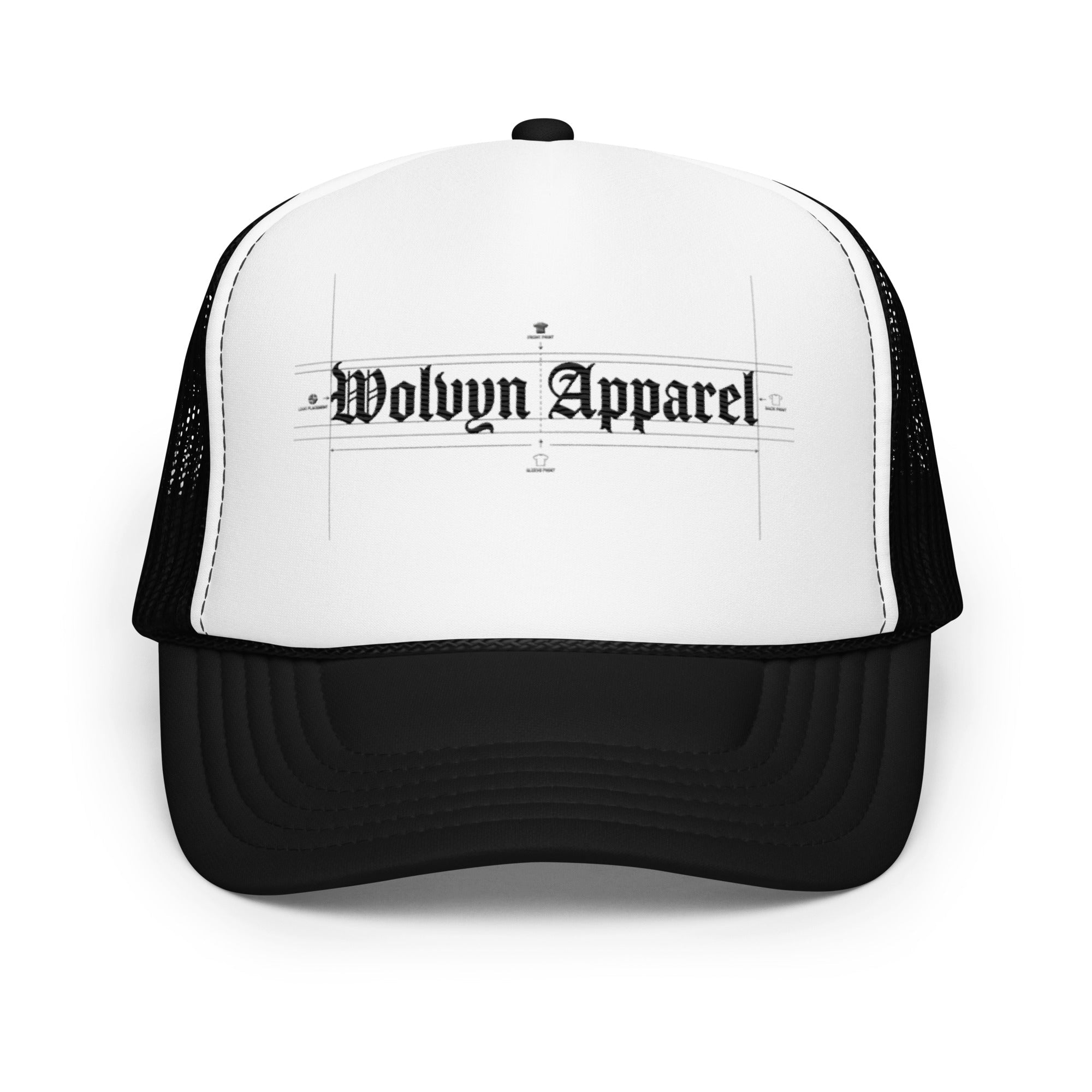 Black and white foam trucker hat with mesh back and Wolvyn Apparel logo on front.