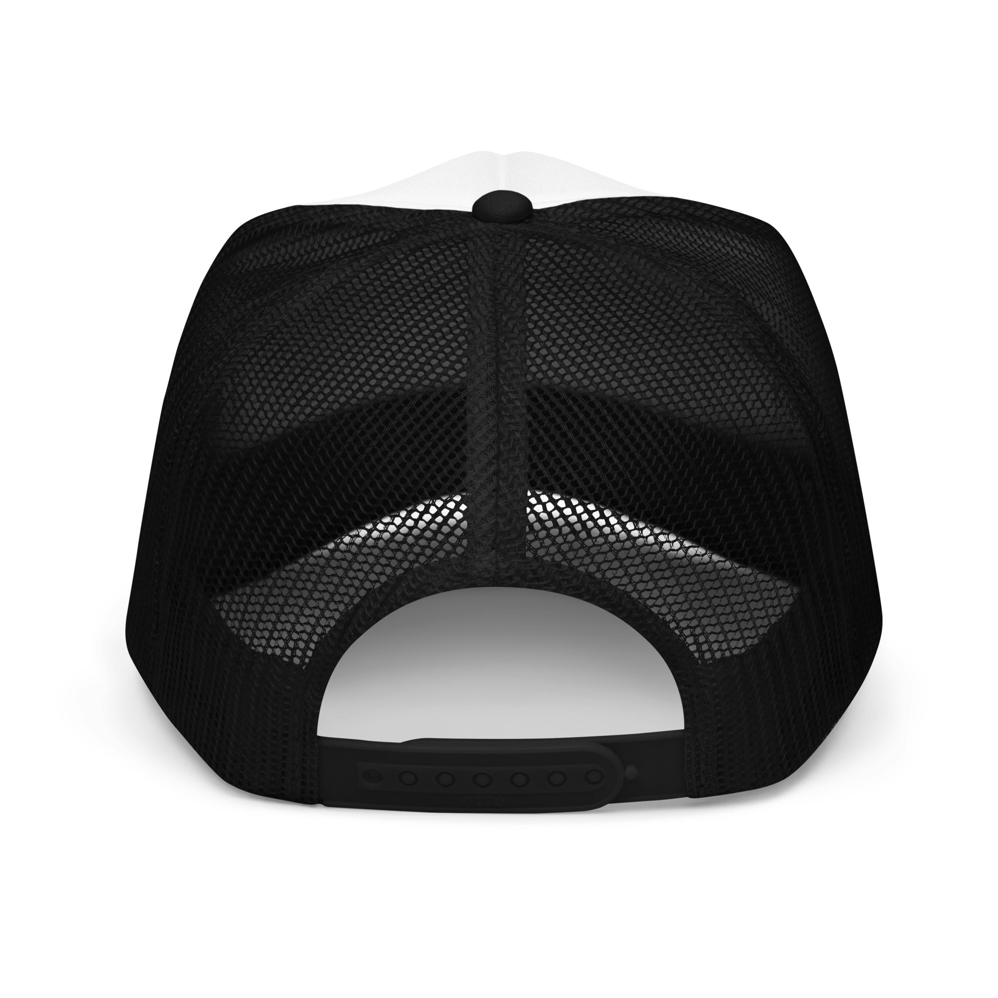 Back view of black mesh foam trucker hat with adjustable snap closure