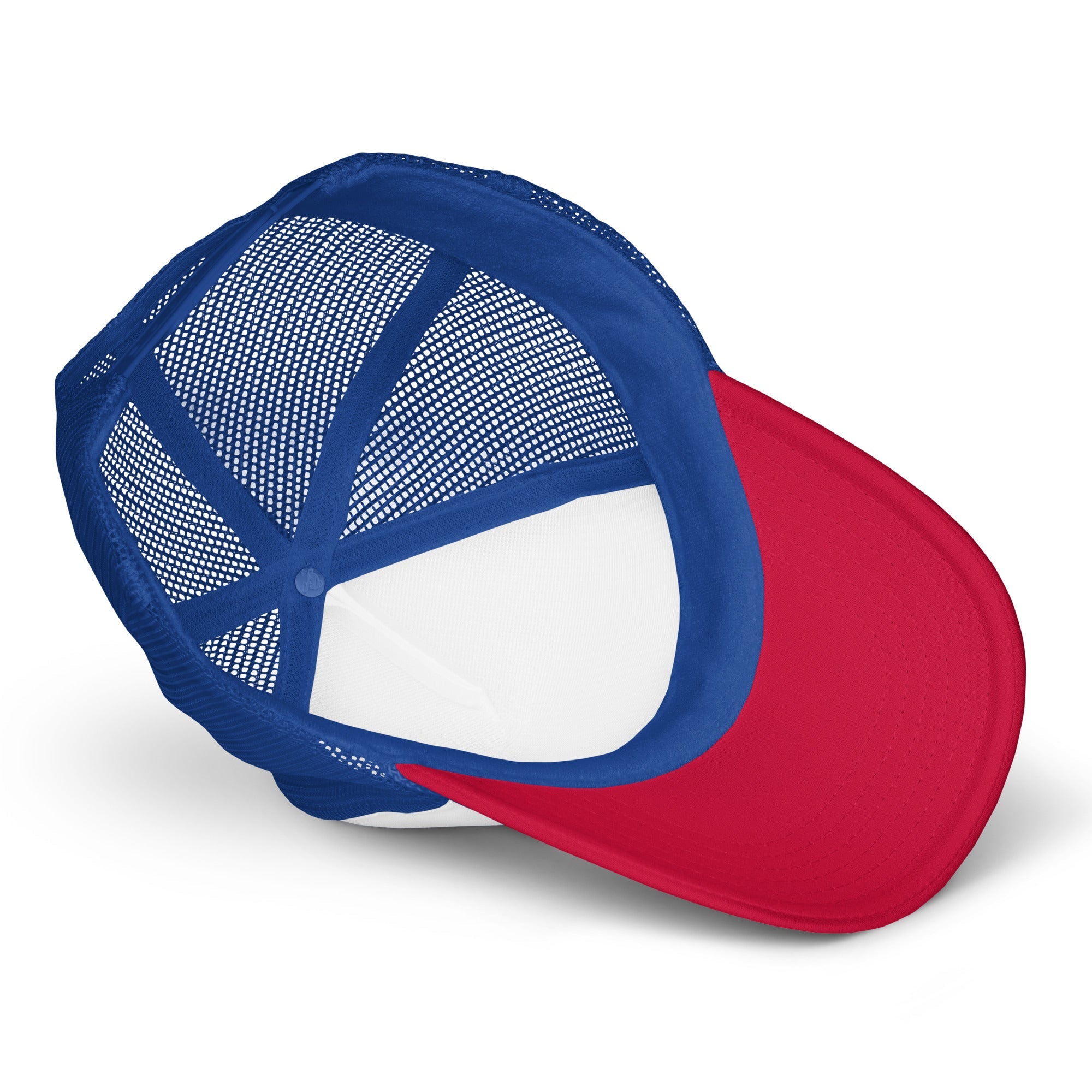 Blue mesh foam trucker hat with red bill, viewed from underneath on white background