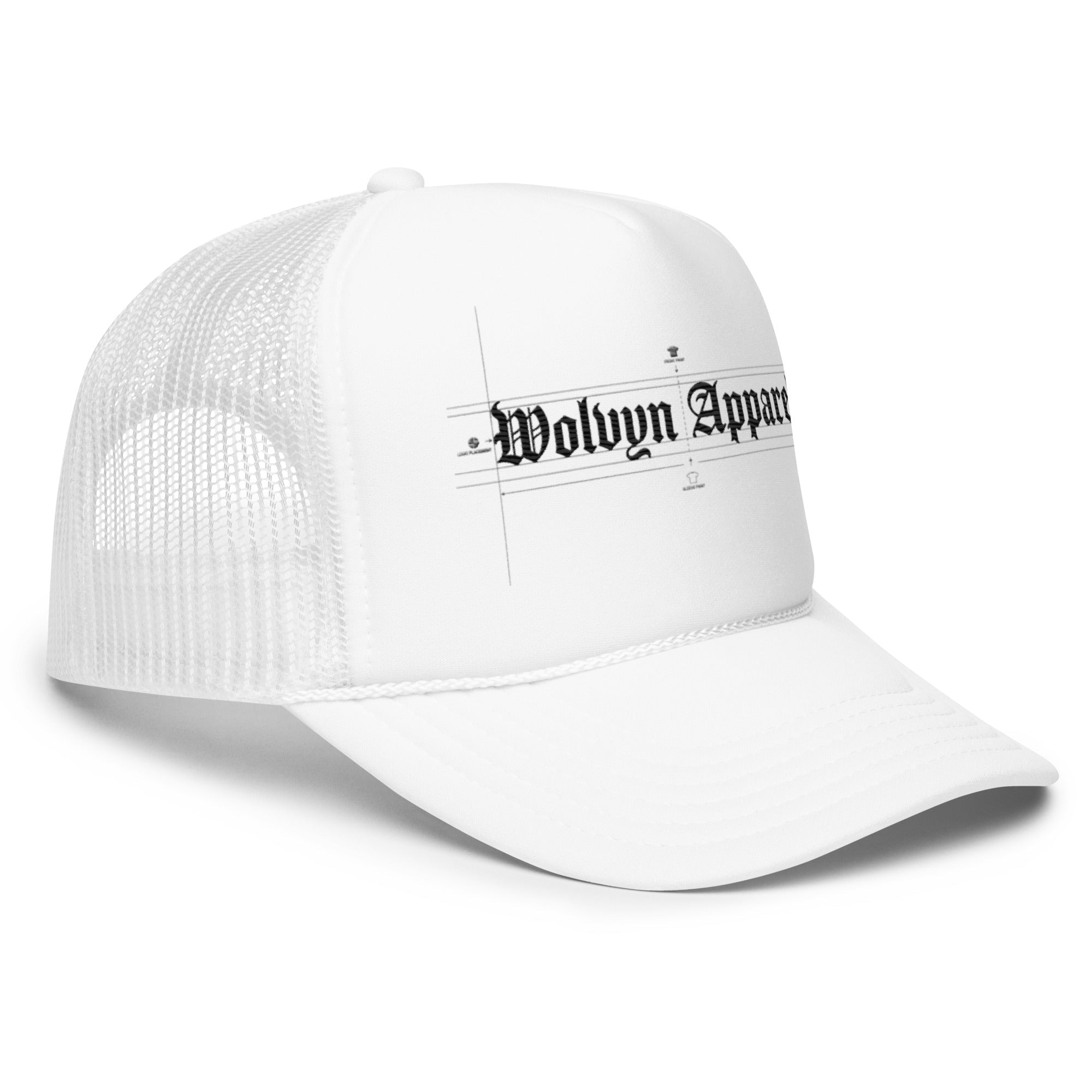 White foam trucker hat with mesh back and black gothic text on front panel