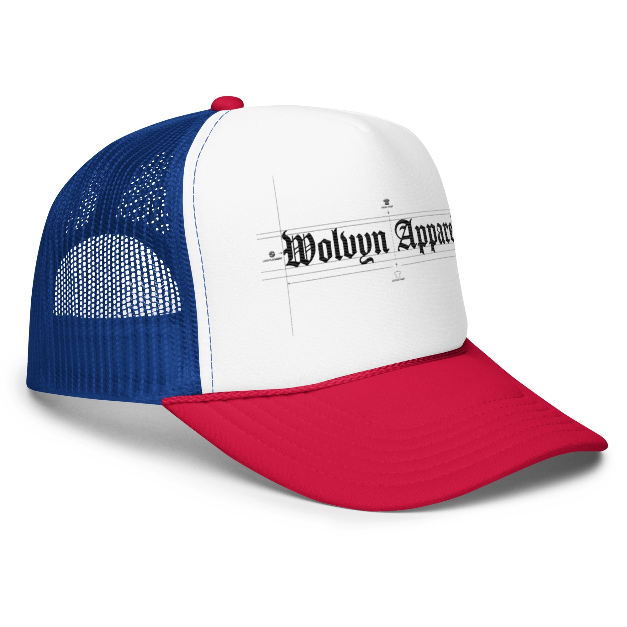 Red, white, and blue foam trucker hat with mesh back and gothic logo text on front panel
