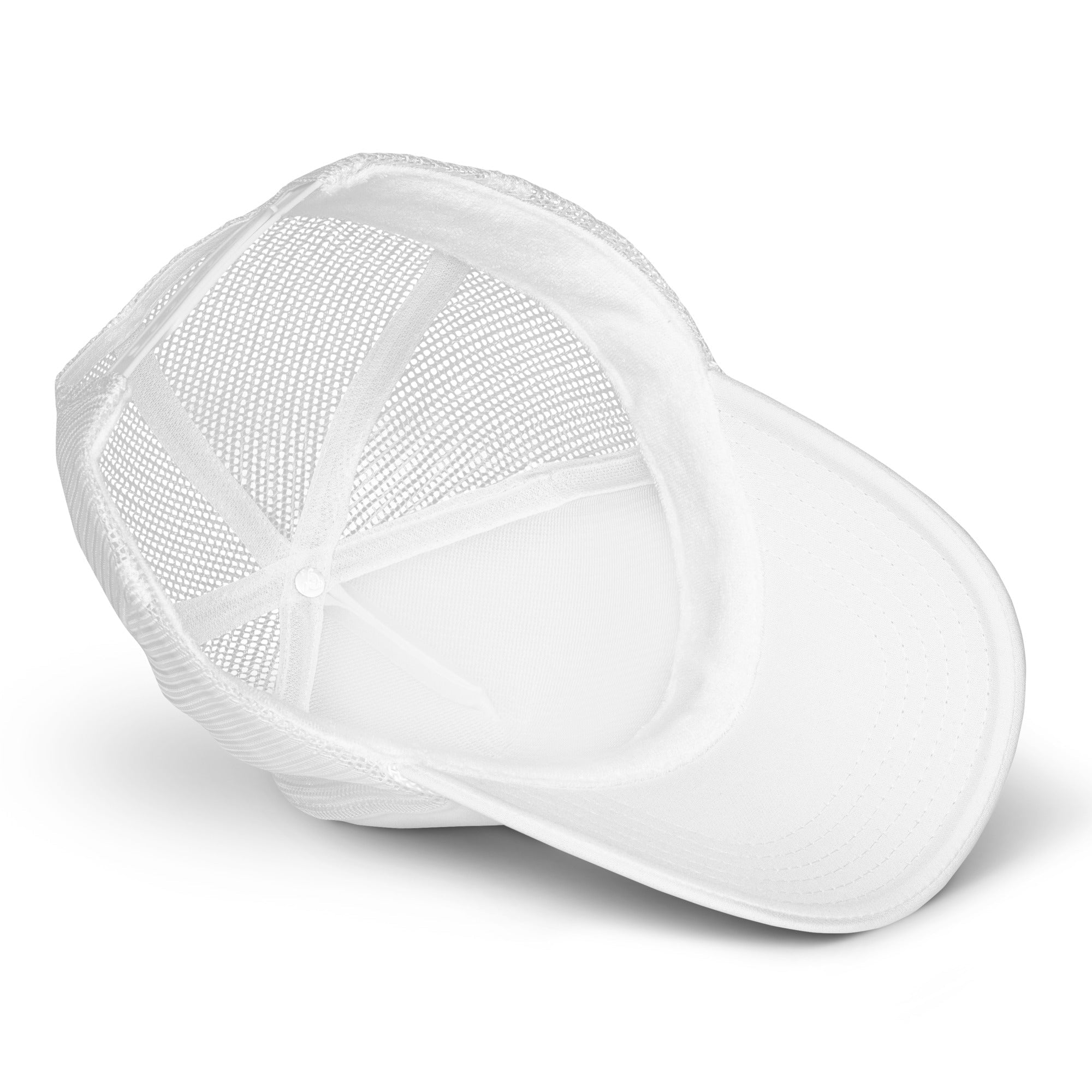 Inside view of a white foam trucker hat with mesh panels and curved brim.