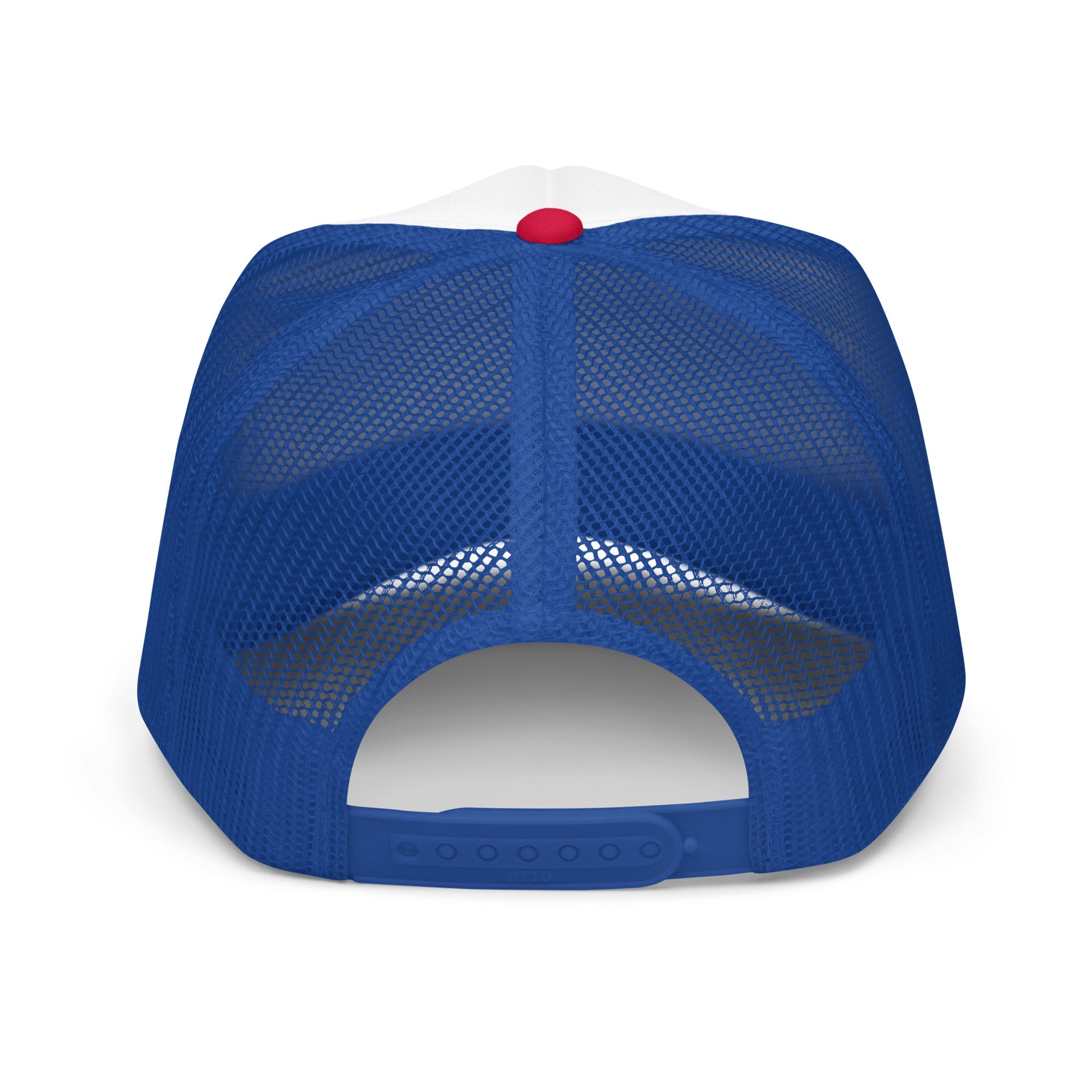 Back view of a blue mesh foam trucker hat with adjustable snap closure