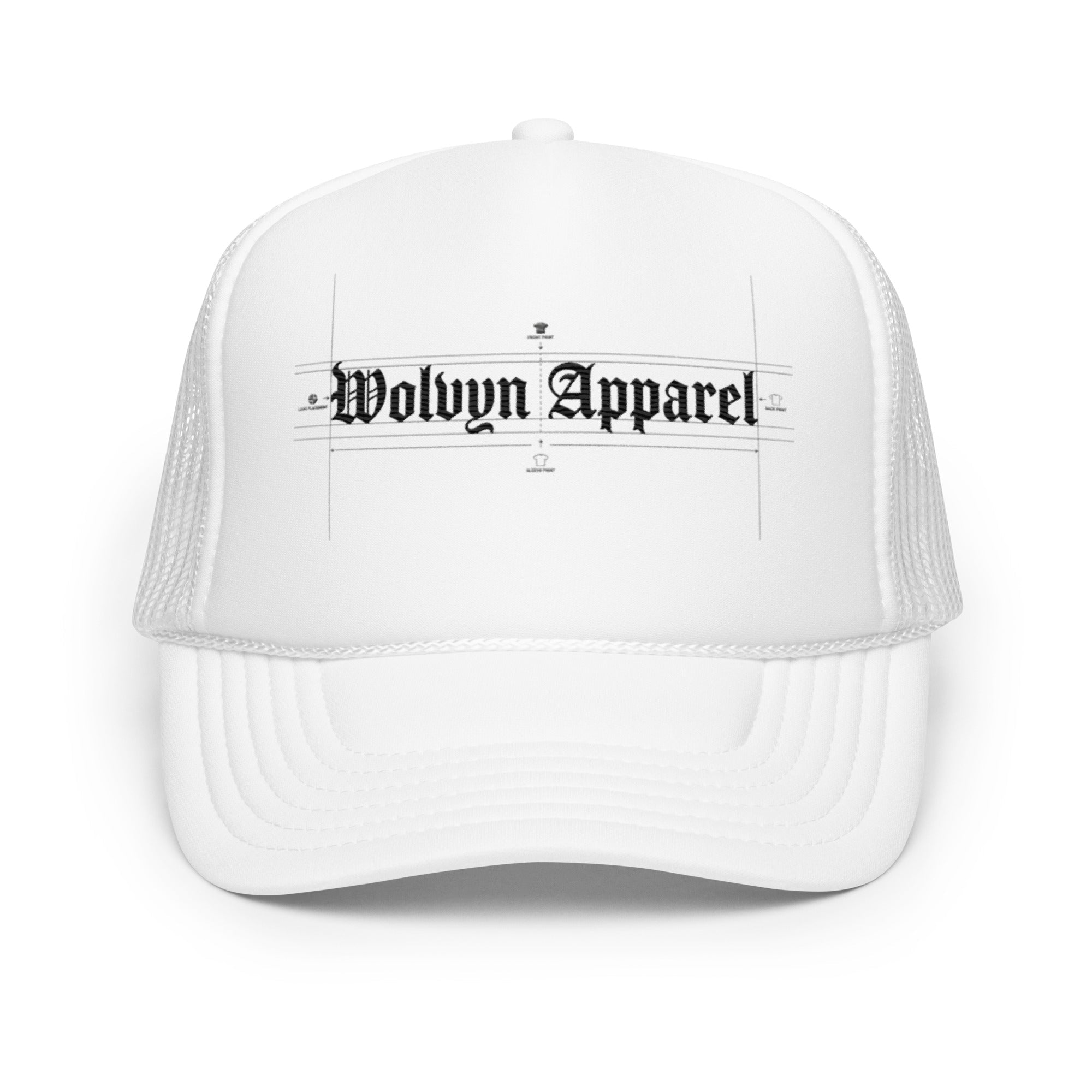 White foam trucker hat with black gothic logo text and mesh back, streetwear style
