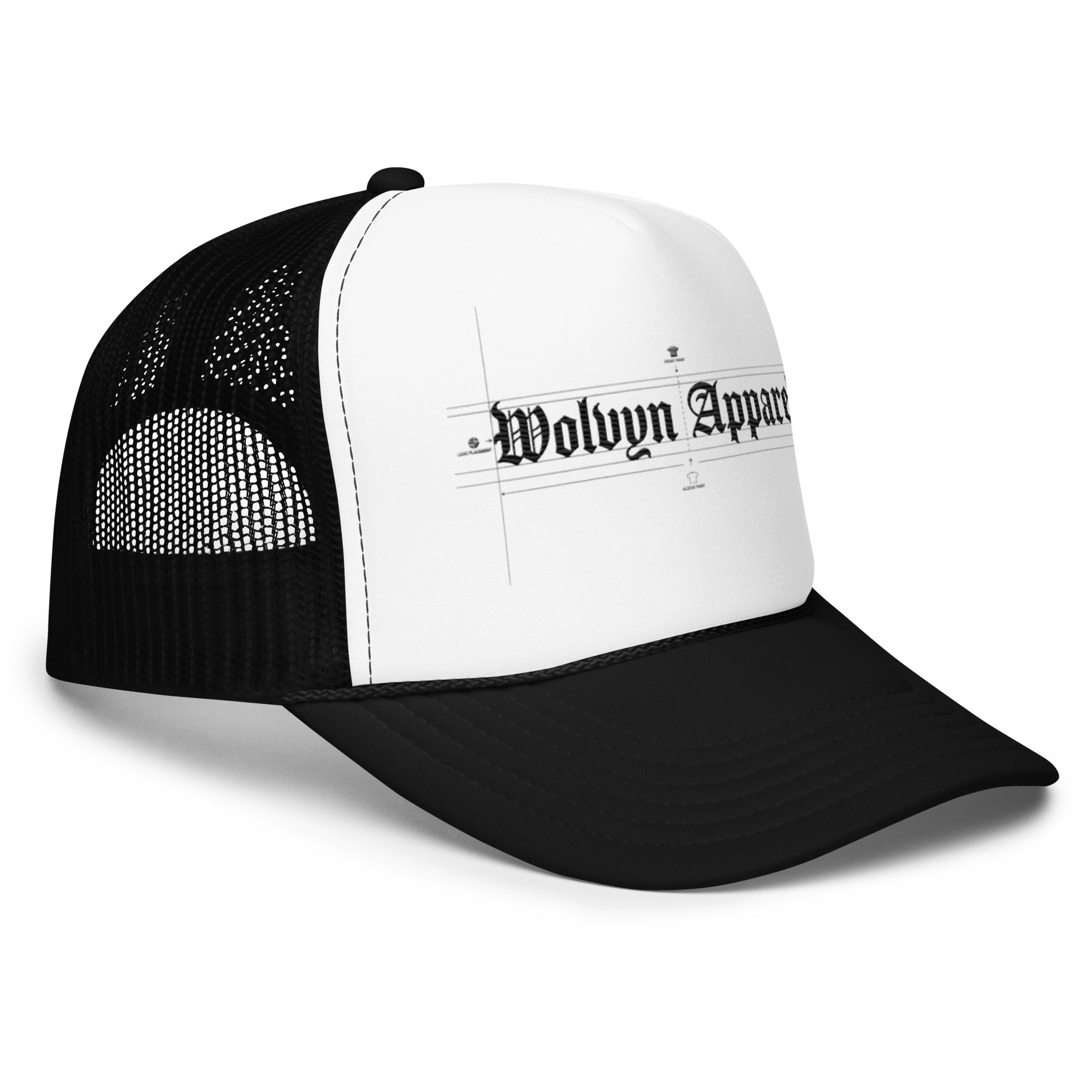 Black and white foam trucker hat with mesh back and bold logo on front