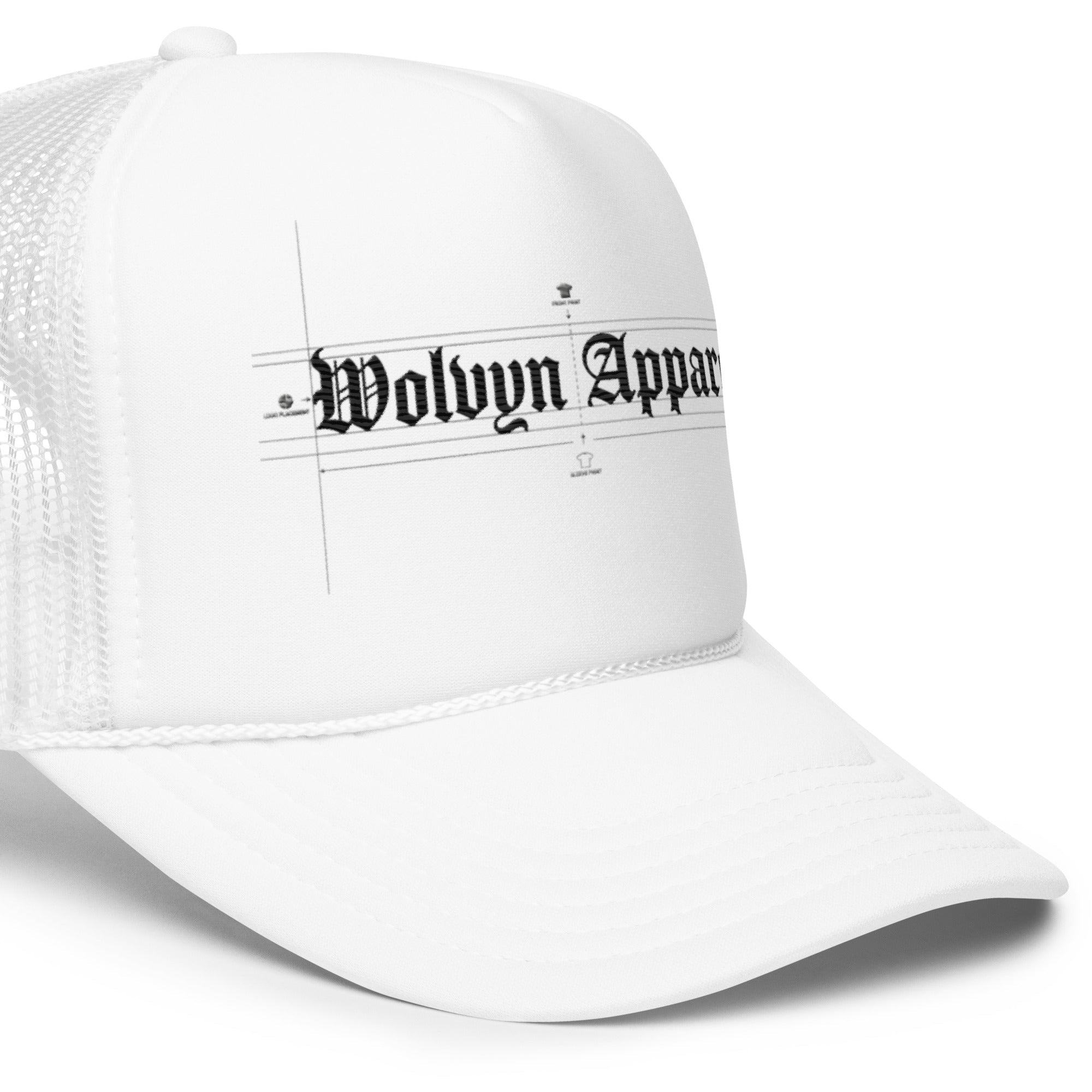 White foam trucker hat with mesh back and black gothic text design on the front panel