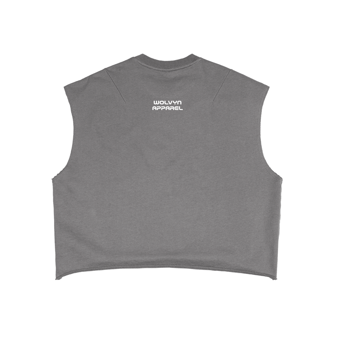Back view of a gray French terry boxy tank top with white text near the collar.