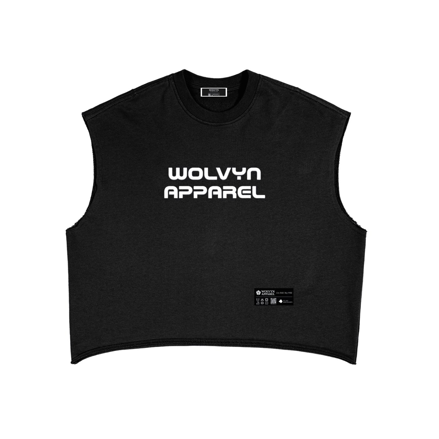 Black French terry boxy tank top with bold white text and chest label, streetwear style