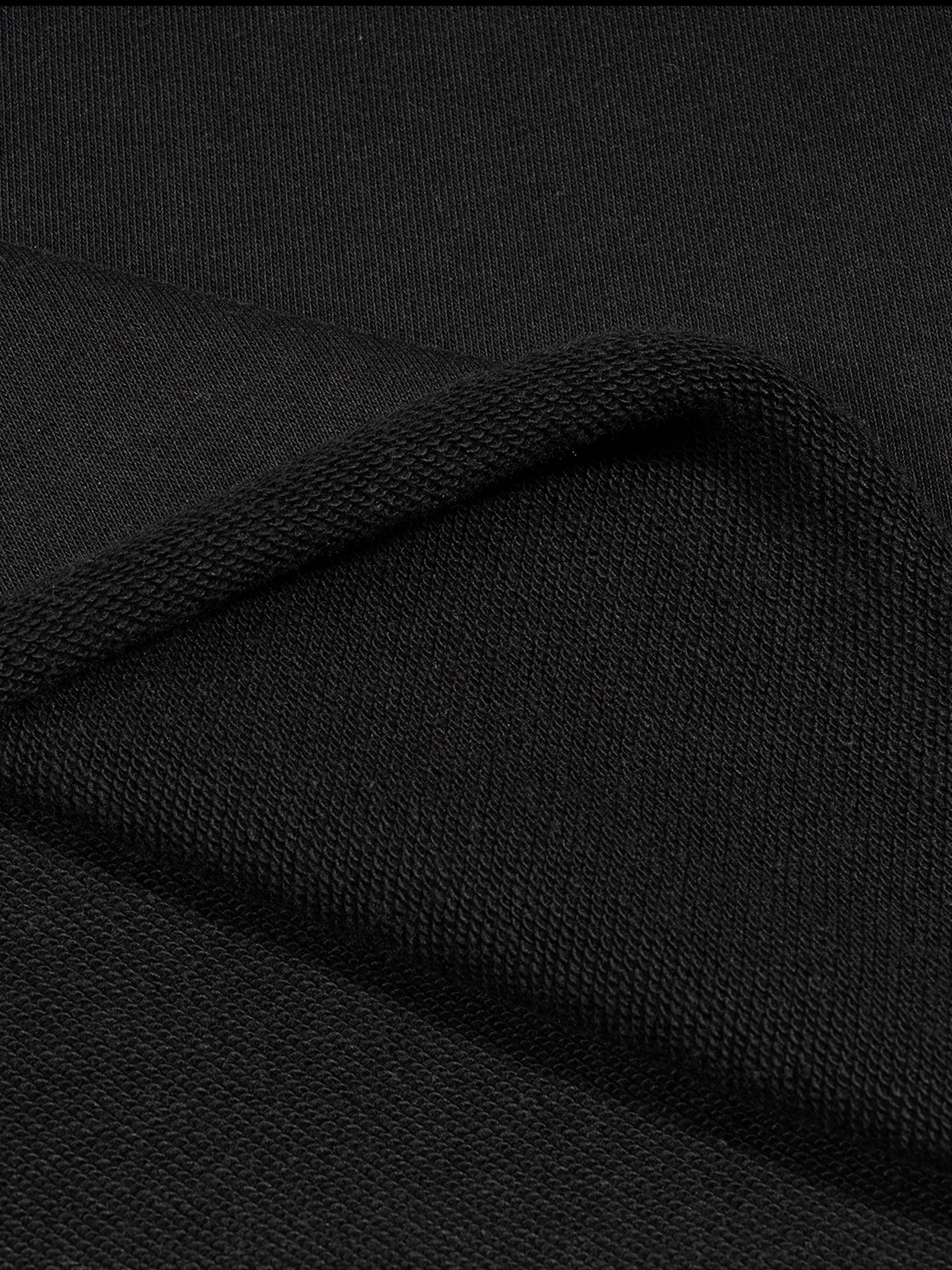 Close-up of soft black French terry fabric showing knit texture and detail