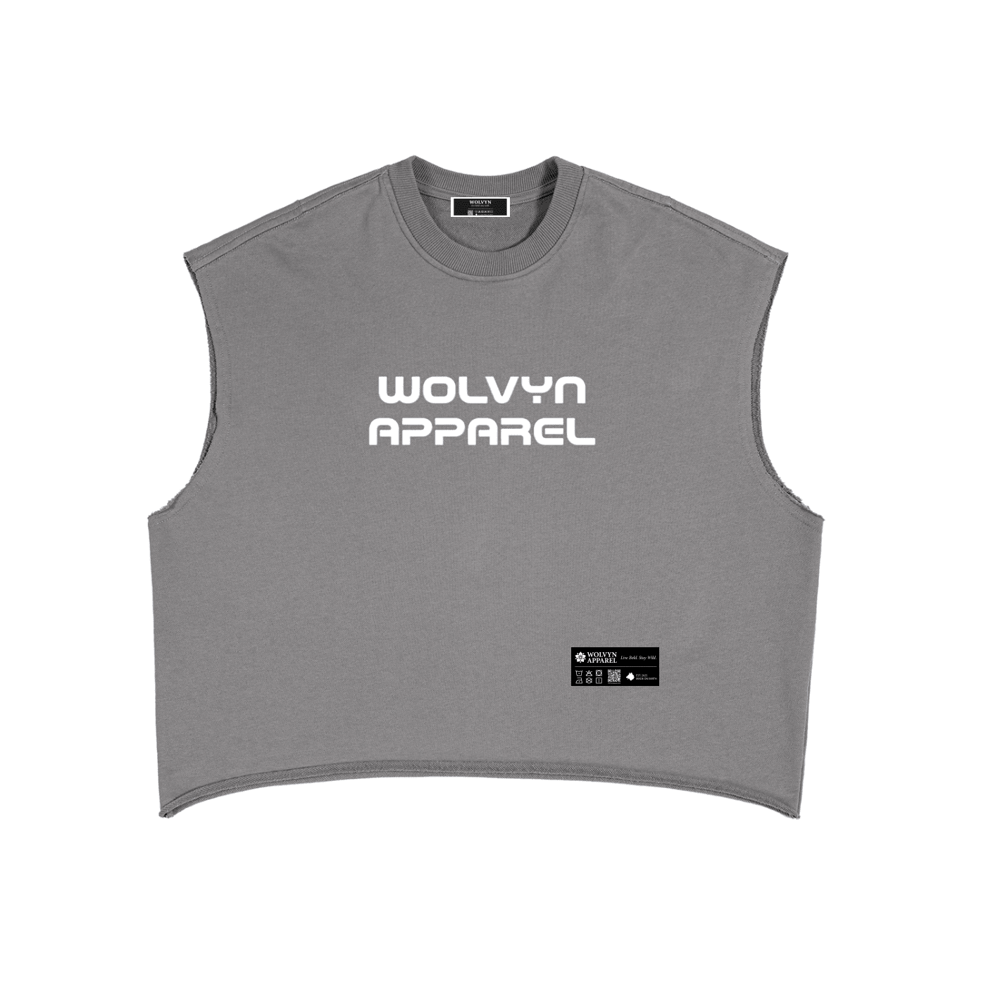 Gray French terry boxy tank top with bold white text and black label on front