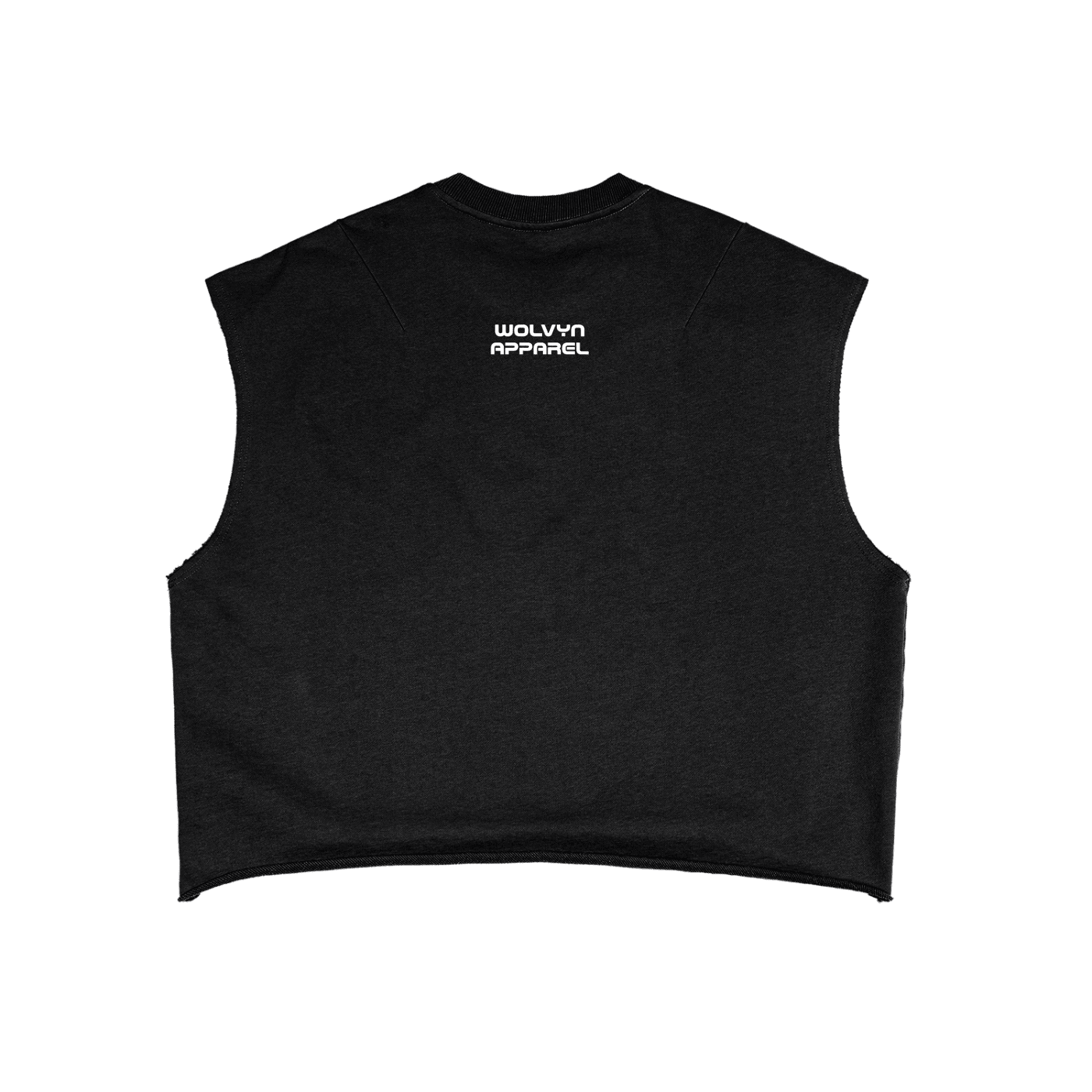 Black French Terry boxy tank top with white text on back, heavyweight streetwear style