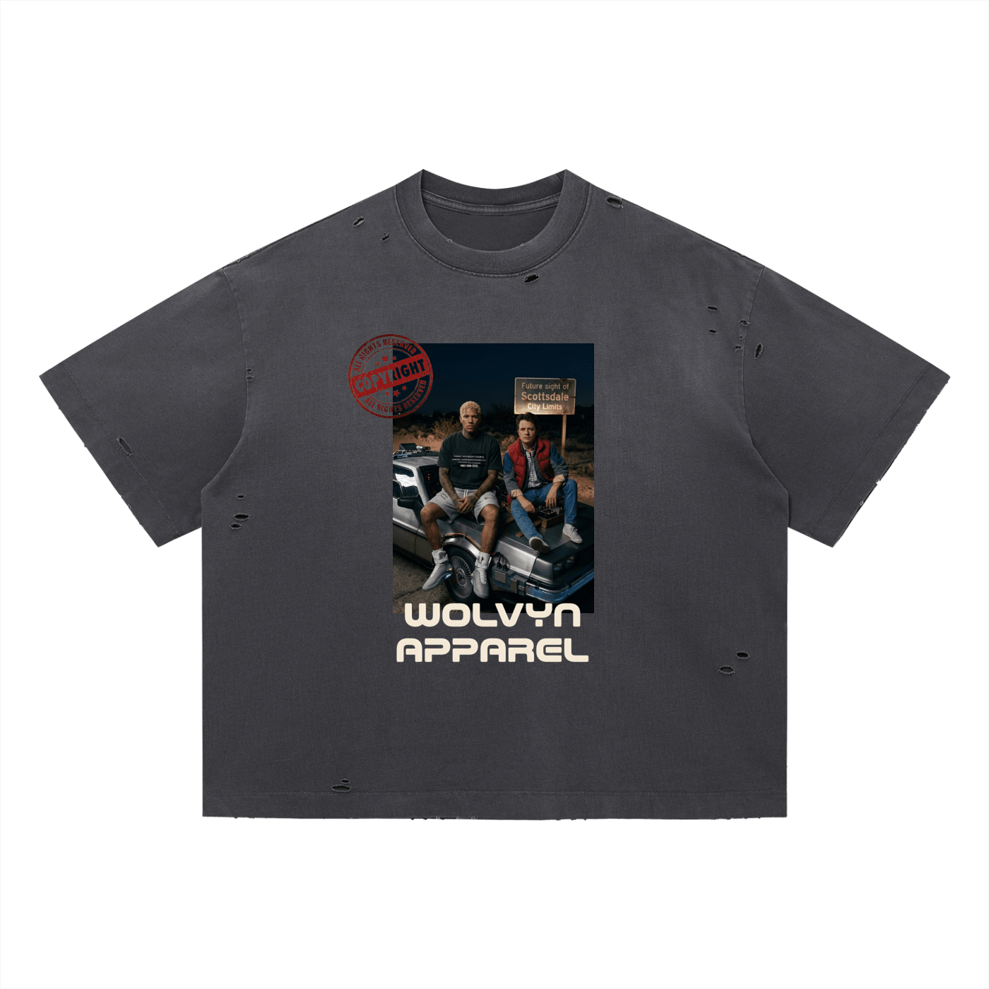 Washed black oversized distressed t-shirt with vintage car graphic and bold text on front